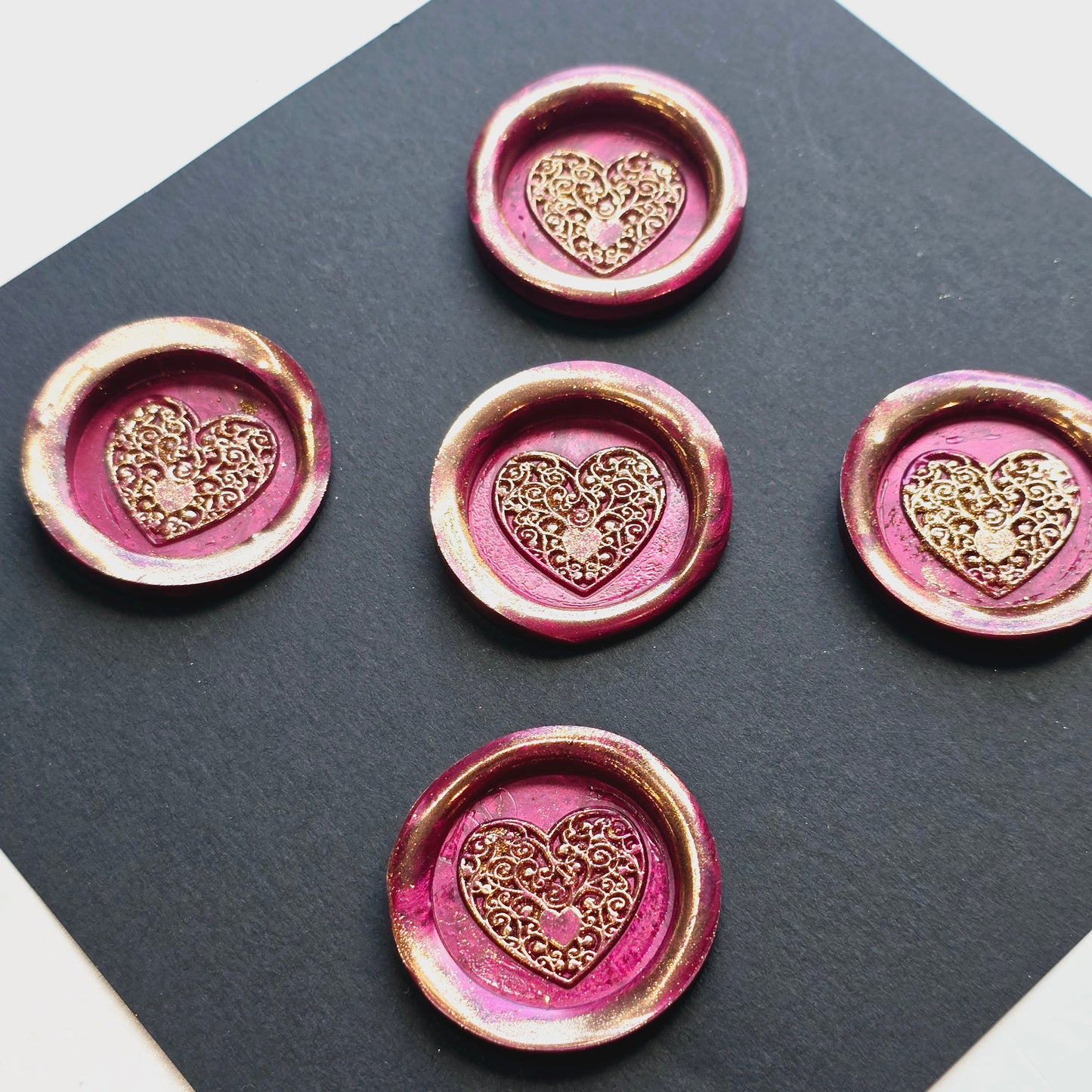 Heart Wax Seals, Metallic Ruby Red & Gold Set of Five