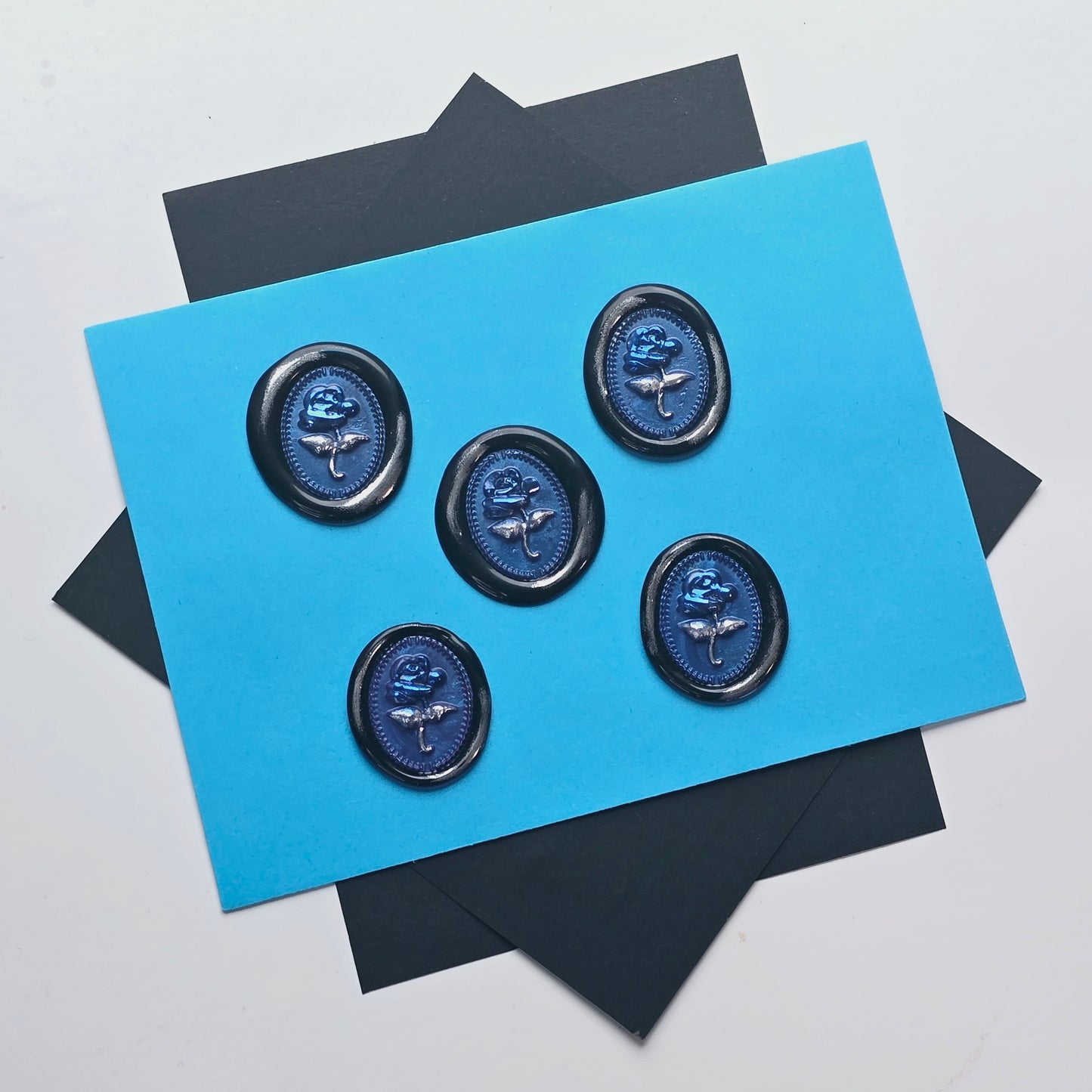 Rose Wax Seals Blue, Silver & Black Set of Five