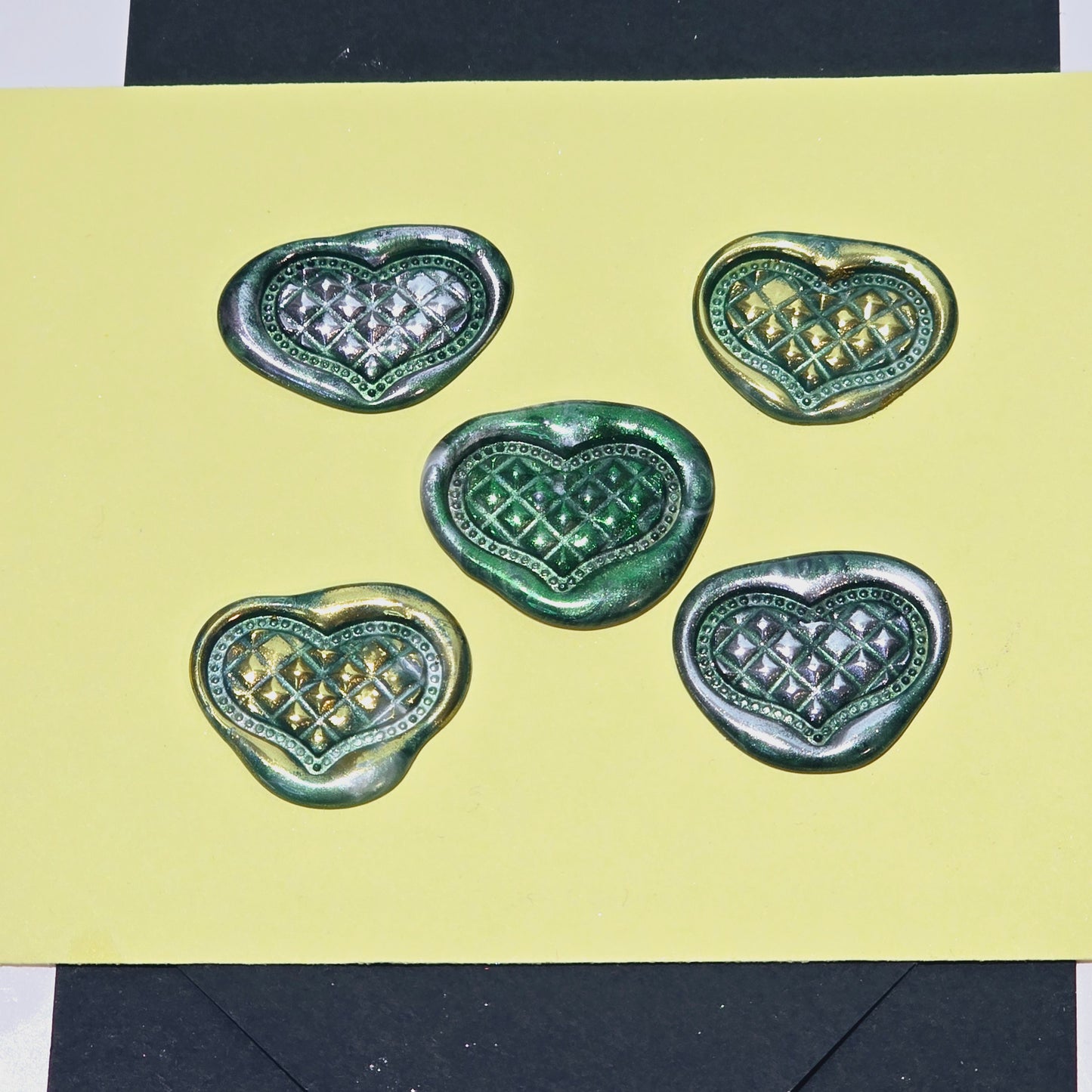 Heart Wax Seals Green Silver & Gold Set of Five