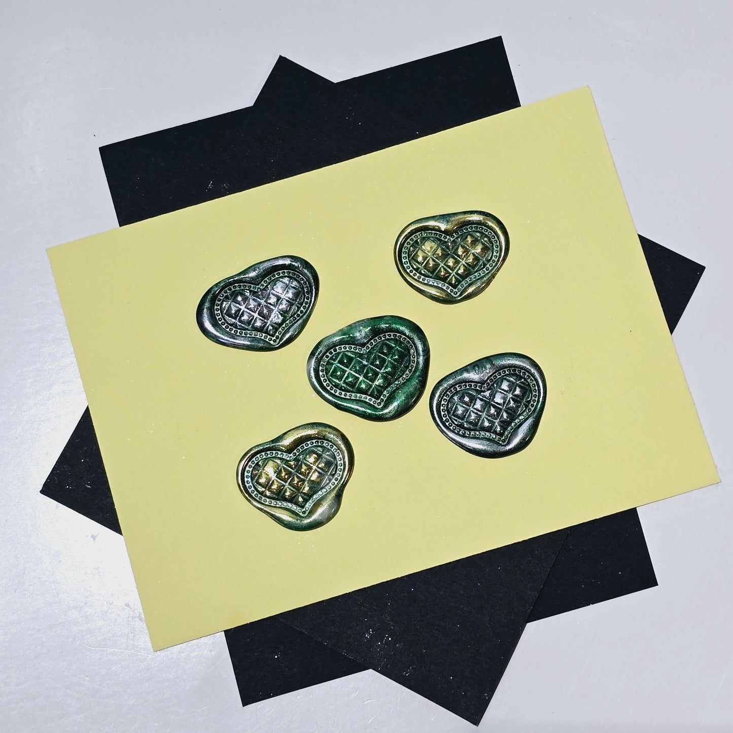 Heart Wax Seals Green Silver & Gold Set of Five