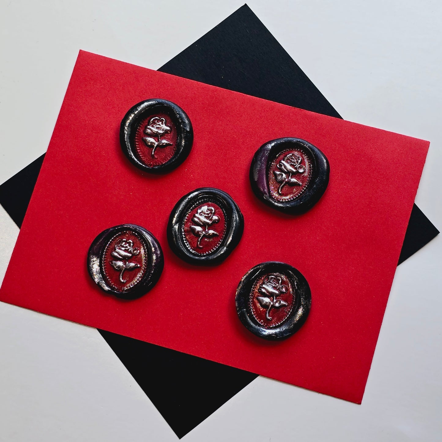 Rose Wax Seals, Black, Red & Silver Metallic Set of Five