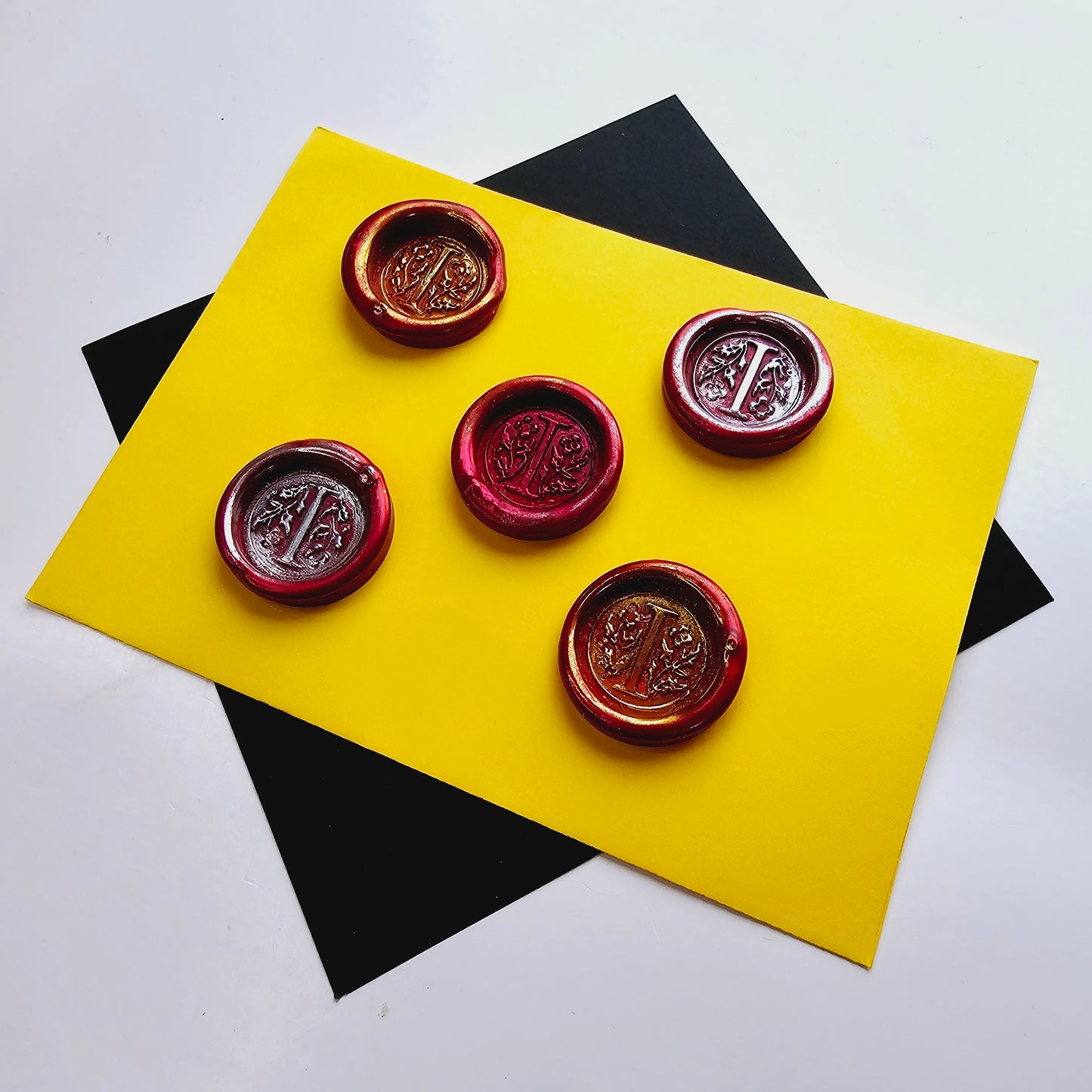 Letter I Wax Seals Metallic Deep Ruby Red Silver Gold Set of Five