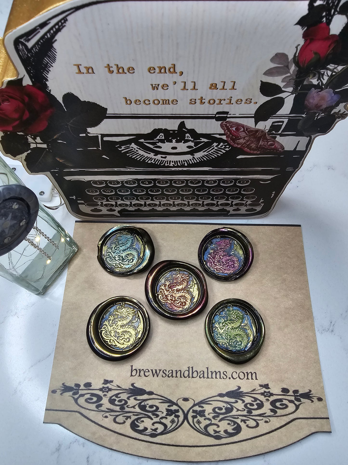 Lucky Dragon Wax Seals Metallic Marbled Black Multi Color Set of Five