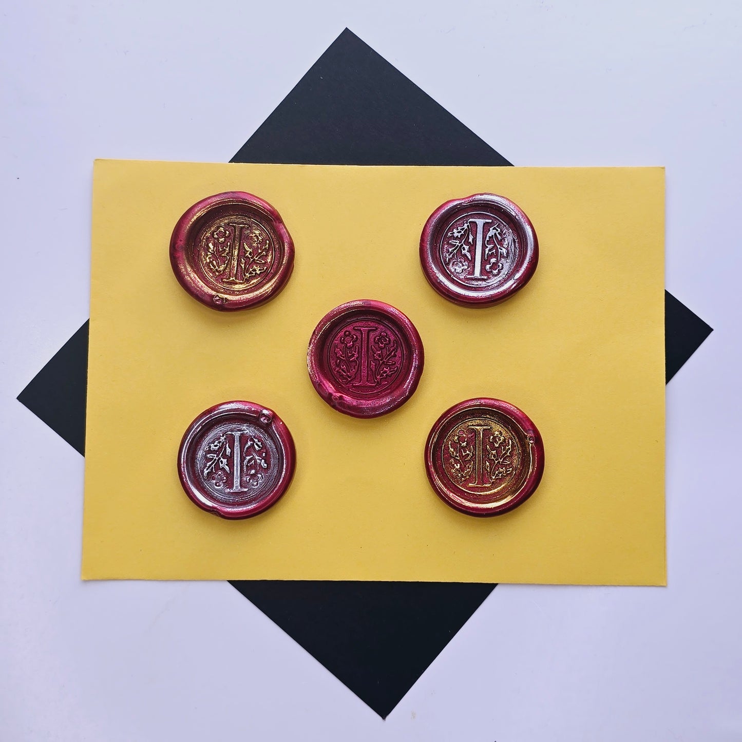 Letter I Wax Seals Metallic Deep Ruby Red Silver Gold Set of Five