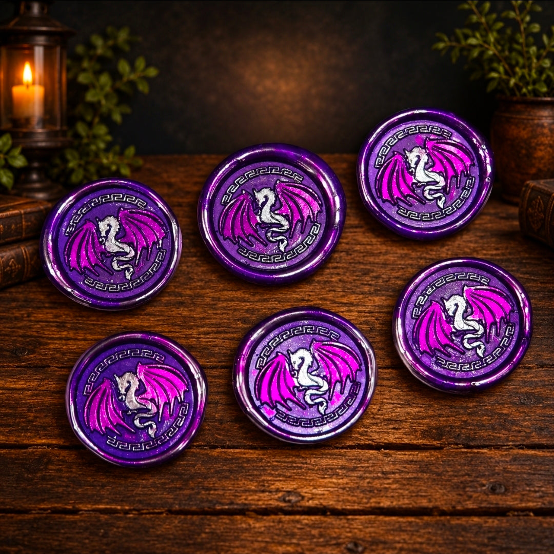 Handmade Dragon Wings Spread Wax Seals Purple & Silver Set of SIX, with Adhesive Wax Seals for Cards, Invitations and Gifts