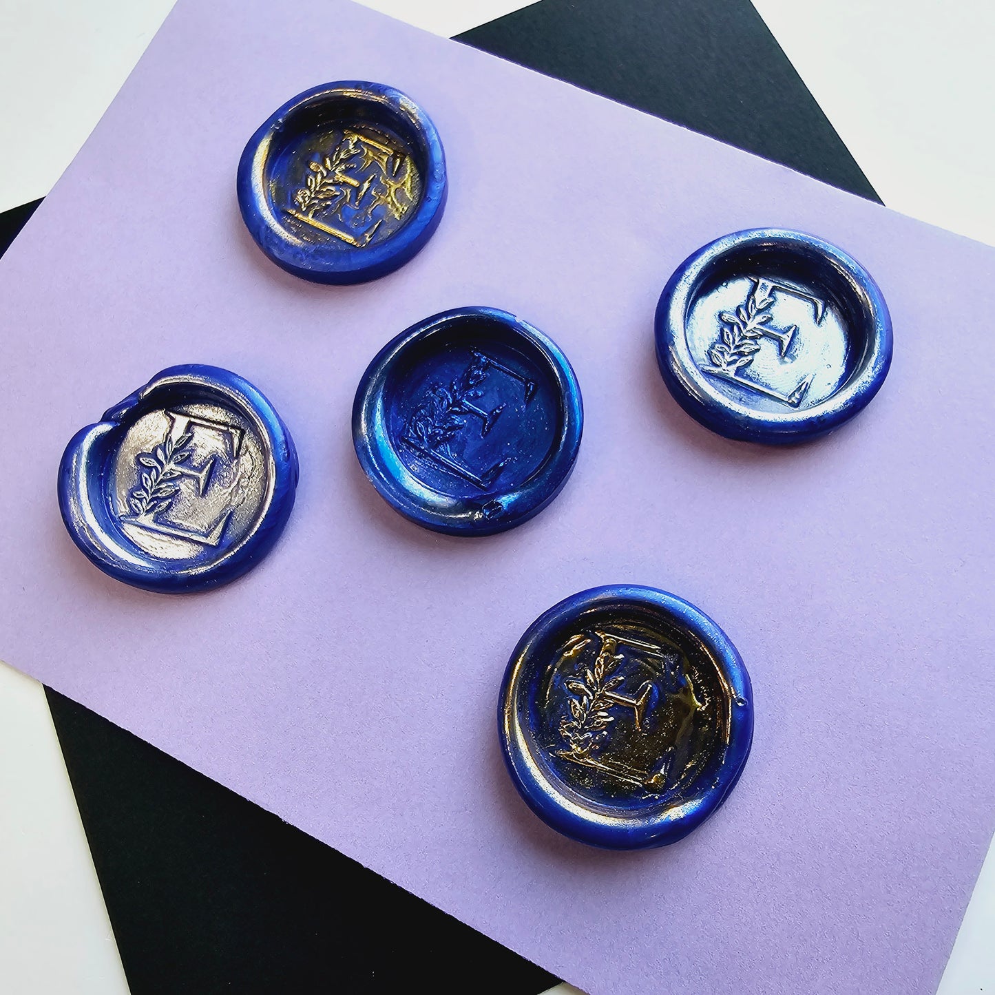 Letter E Wax Seals Metallic Blue Silver Gold Set of Five