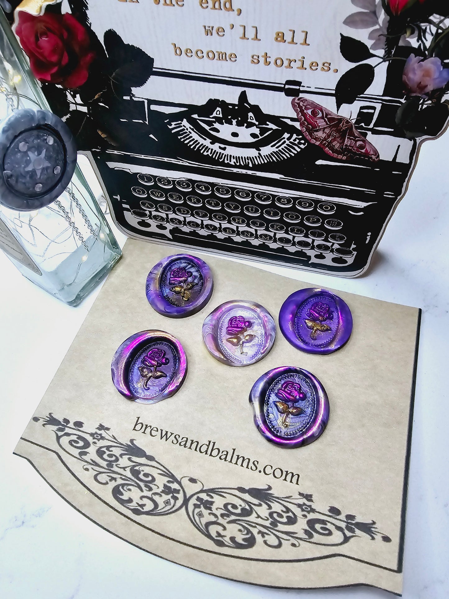 Rose Wax Seal Goth Vintage Metallic Marble Purple, White & Gold Set of Five