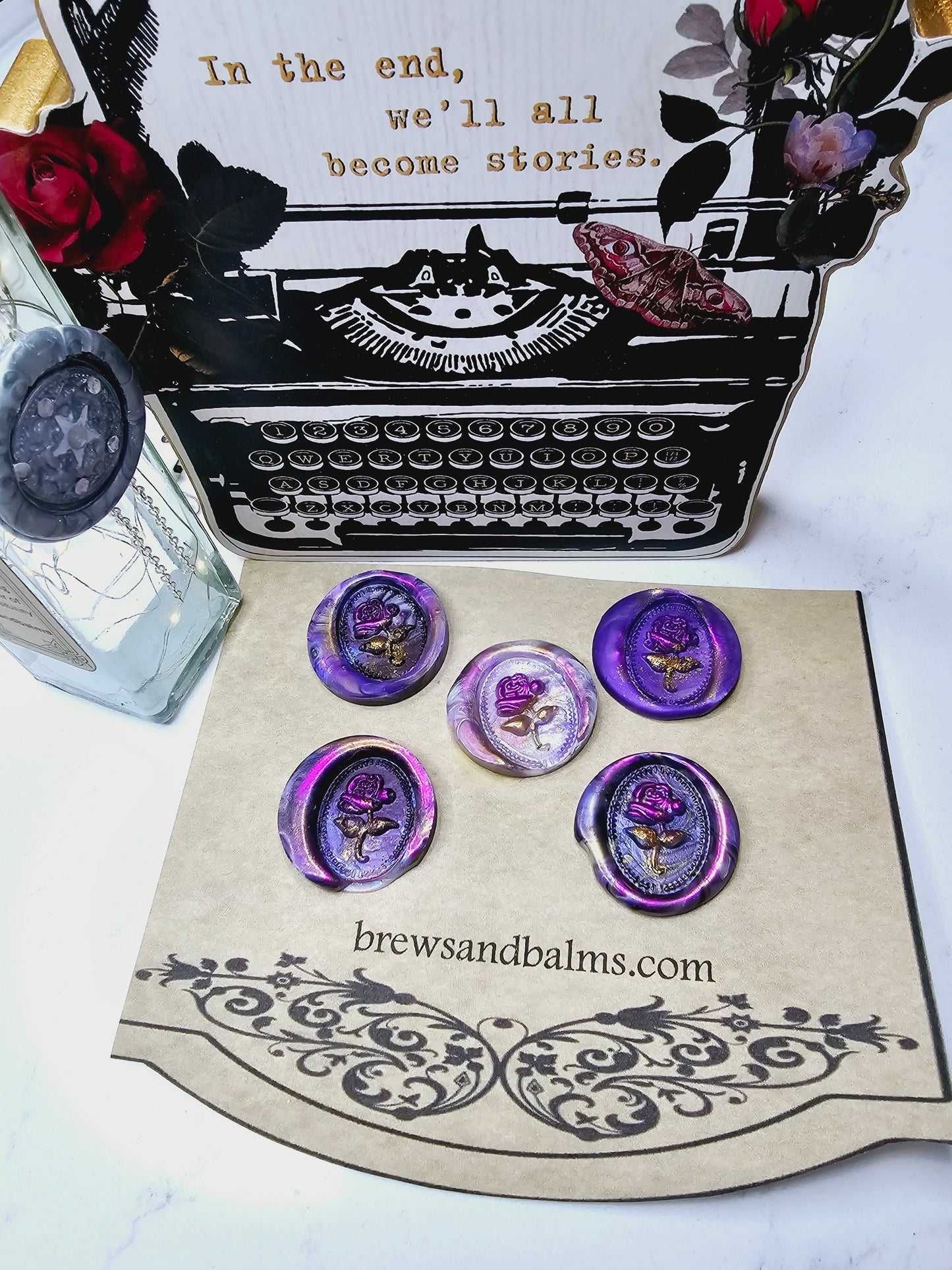 Rose Wax Seal Goth Vintage Metallic Marble Purple, White & Gold Set of Five