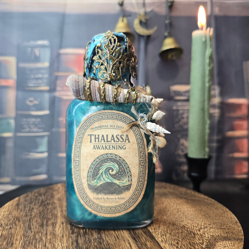 Handmade Thalassa Awakening Potion – Color Changing Ocean Decor Bottle – Black to Teal Greek Mythology Inspired Gift