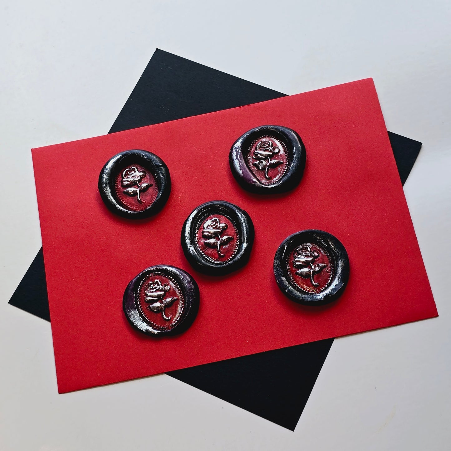 Rose Wax Seals, Black, Red & Silver Metallic Set of Five