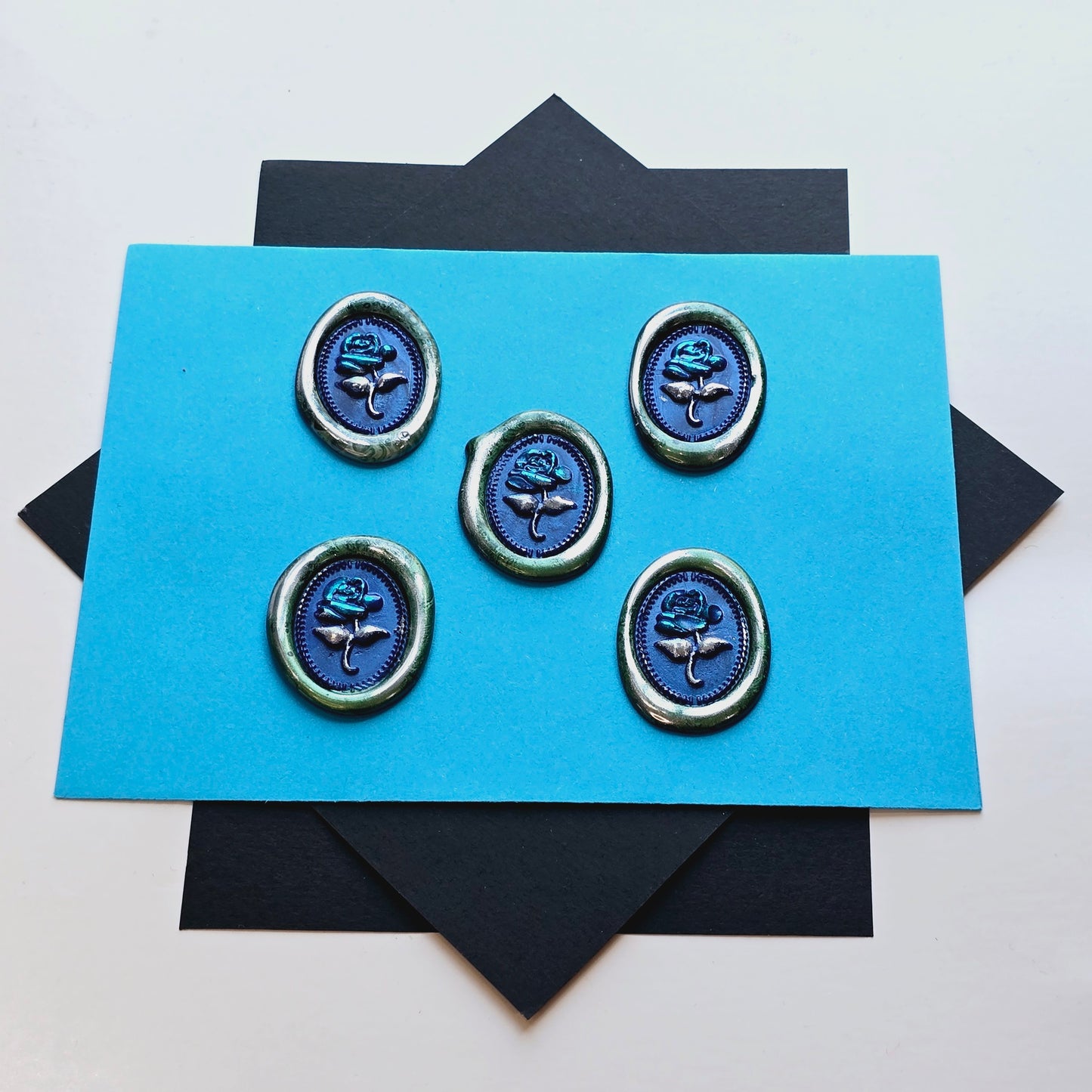 Rose Wax Seals, Metallic Green, Blue & Silver Set of Five