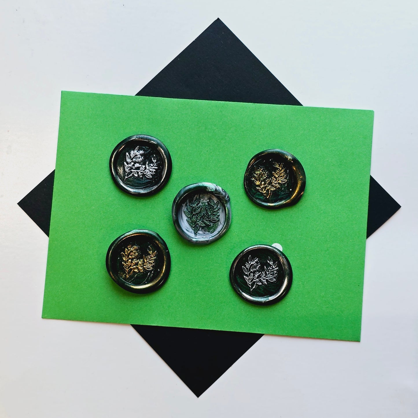 Eucalyptus Leaves Wax Seals Metallic Dark Green Silver Gold Set of Five