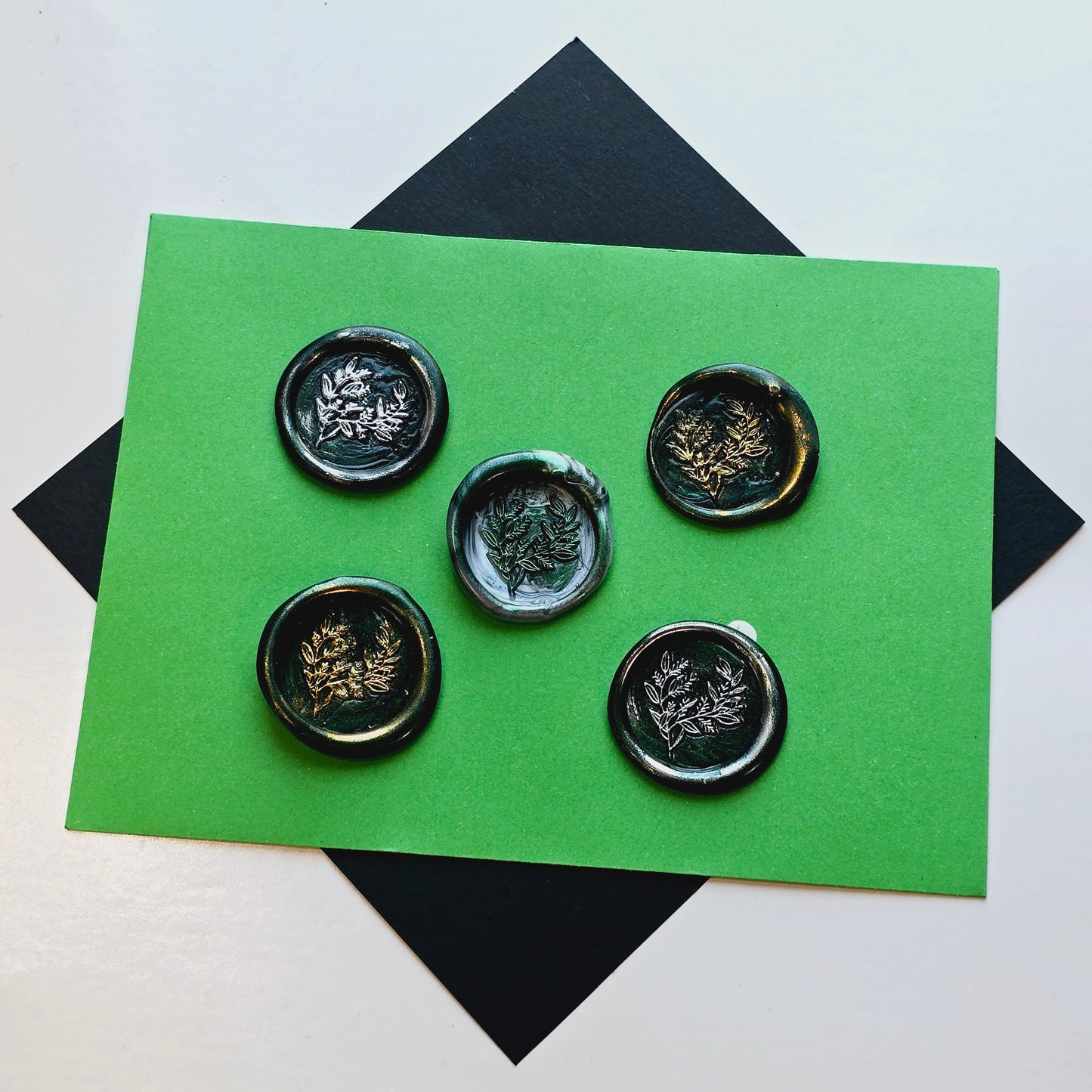 Eucalyptus Leaves Wax Seals Metallic Dark Green Silver Gold Set of Five