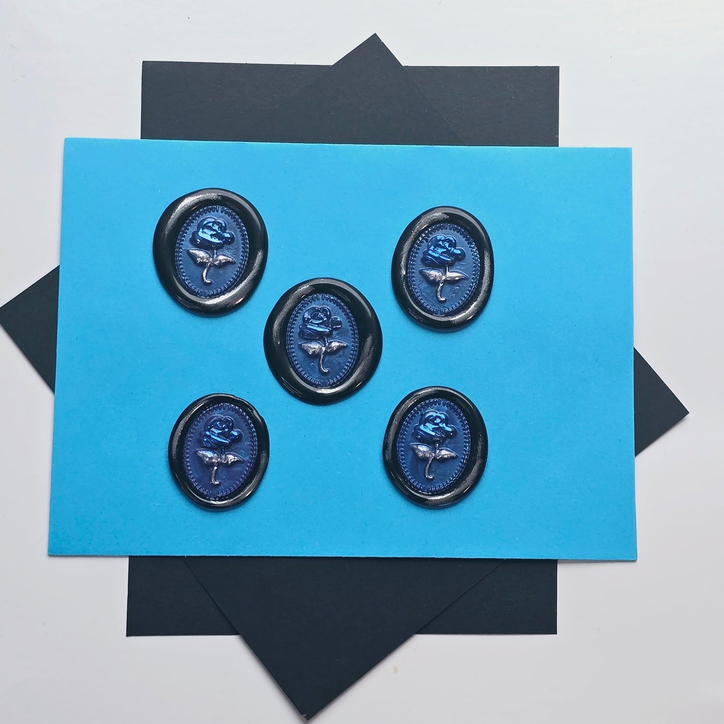 Rose Wax Seals Blue, Silver & Black Set of Five