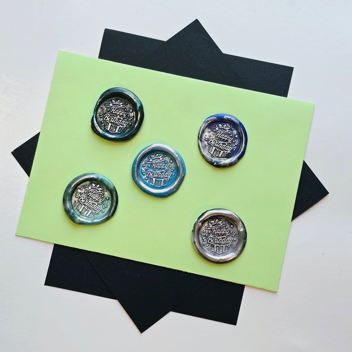 Happy Birthday Wax Seals Blue Green & Silver Set of Five