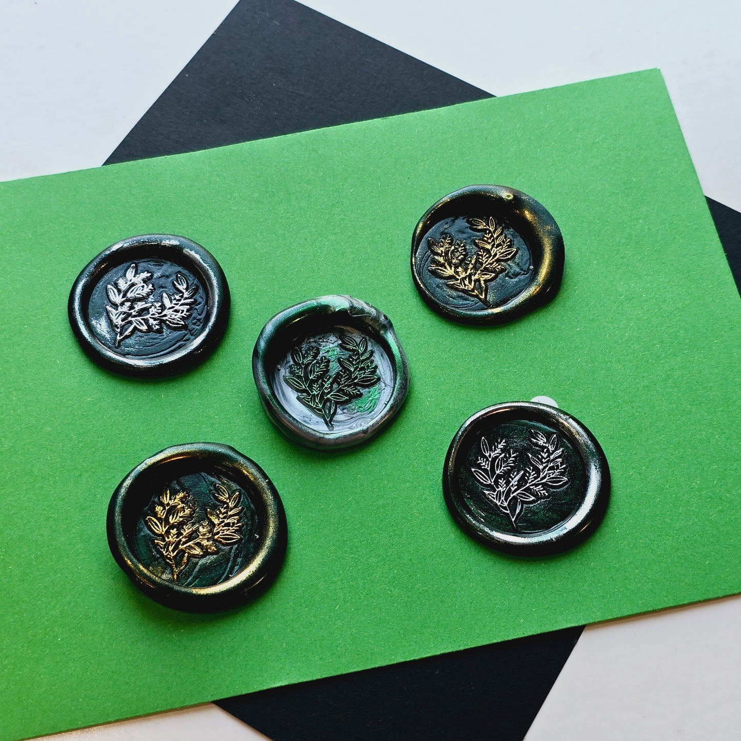 Eucalyptus Leaves Wax Seals Metallic Dark Green Silver Gold Set of Five