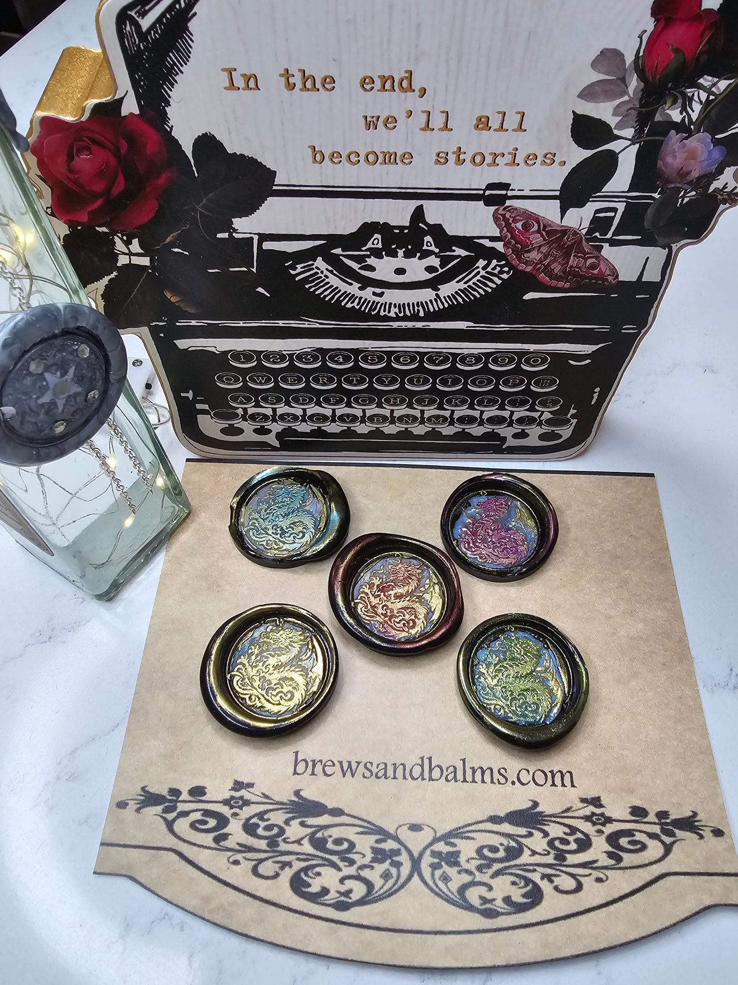 Lucky Dragon Wax Seals Metallic Marbled Black Multi Color Set of Five