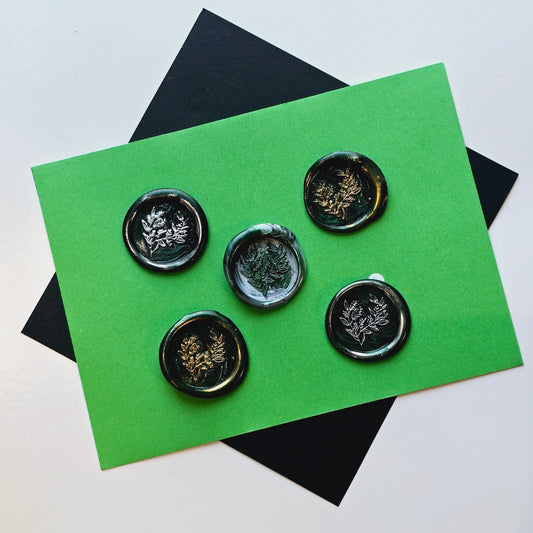 Eucalyptus Leaves Wax Seals Metallic Dark Green Silver Gold Set of Five