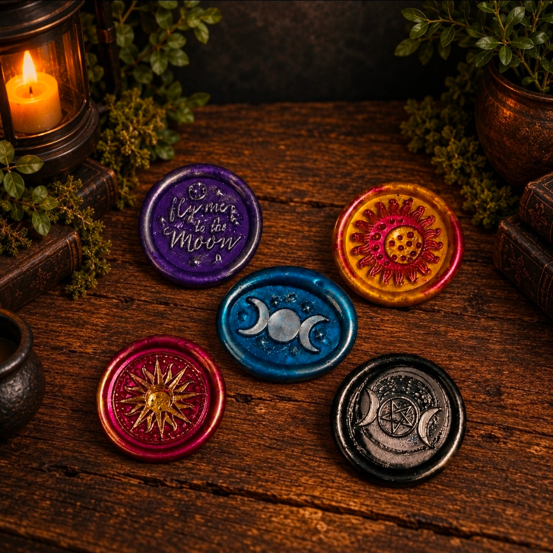 Handmade Triple Moon, Sun, Fly Me To The Moon, Set of Five Wax Seals, for cards, invitations, letters and gifts!