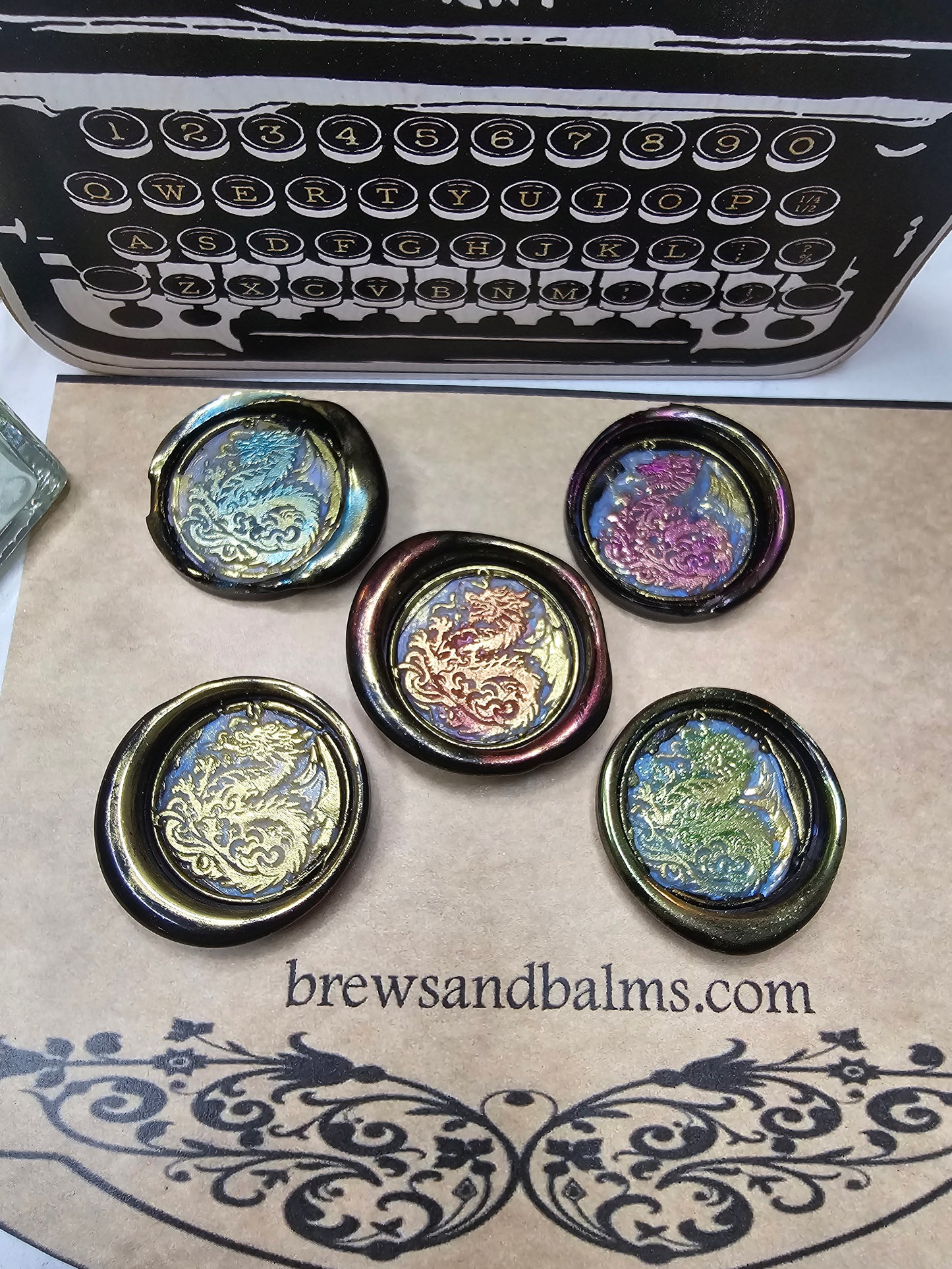 Lucky Dragon Wax Seals Metallic Marbled Black Multi Color Set of Five