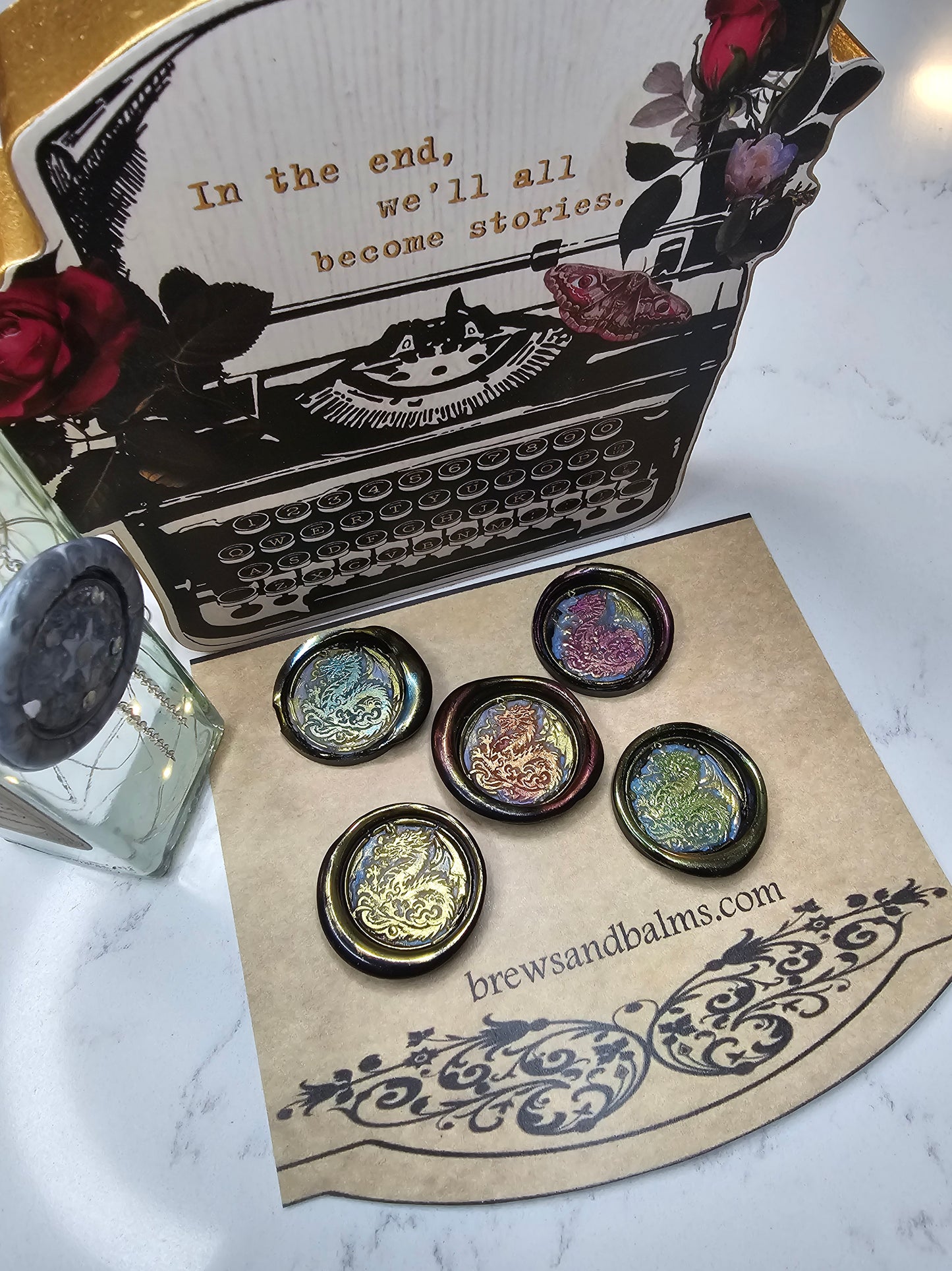 Lucky Dragon Wax Seals Metallic Marbled Black Multi Color Set of Five