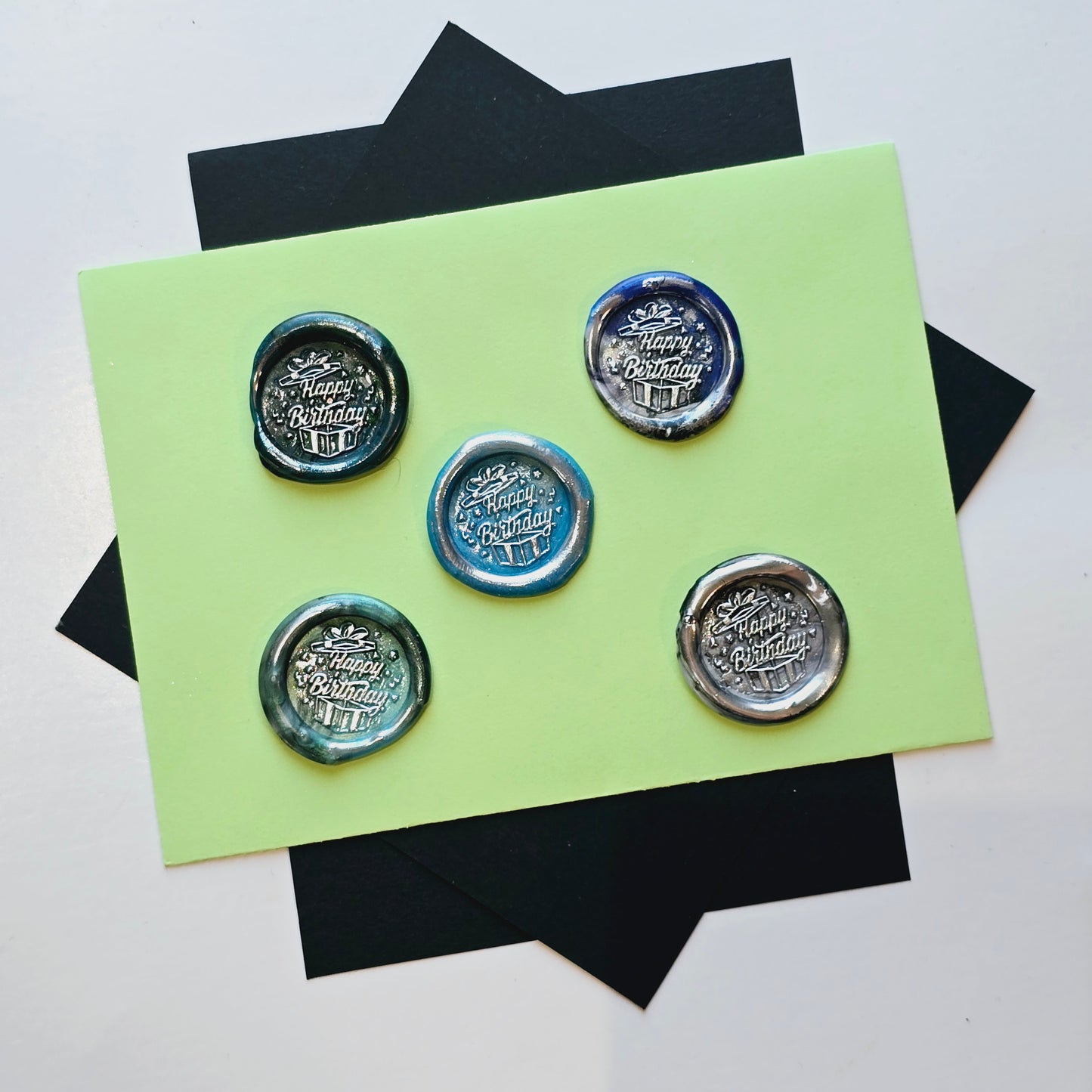 Happy Birthday Wax Seals Blue Green & Silver Set of Five