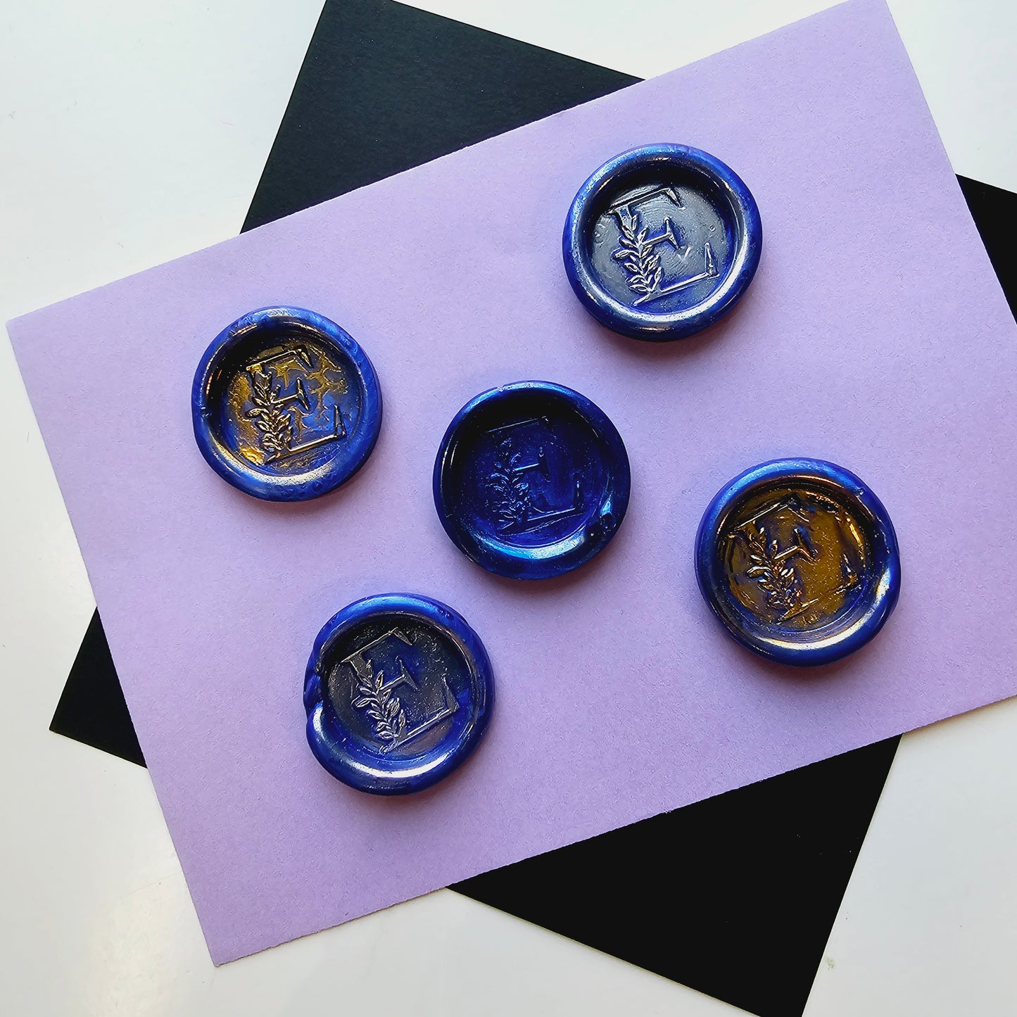 Letter E Wax Seals Metallic Blue Silver Gold Set of Five