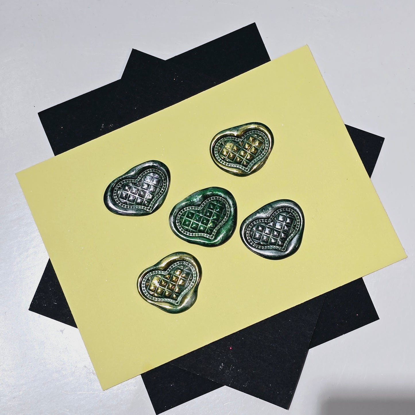 Heart Wax Seals Green Silver & Gold Set of Five