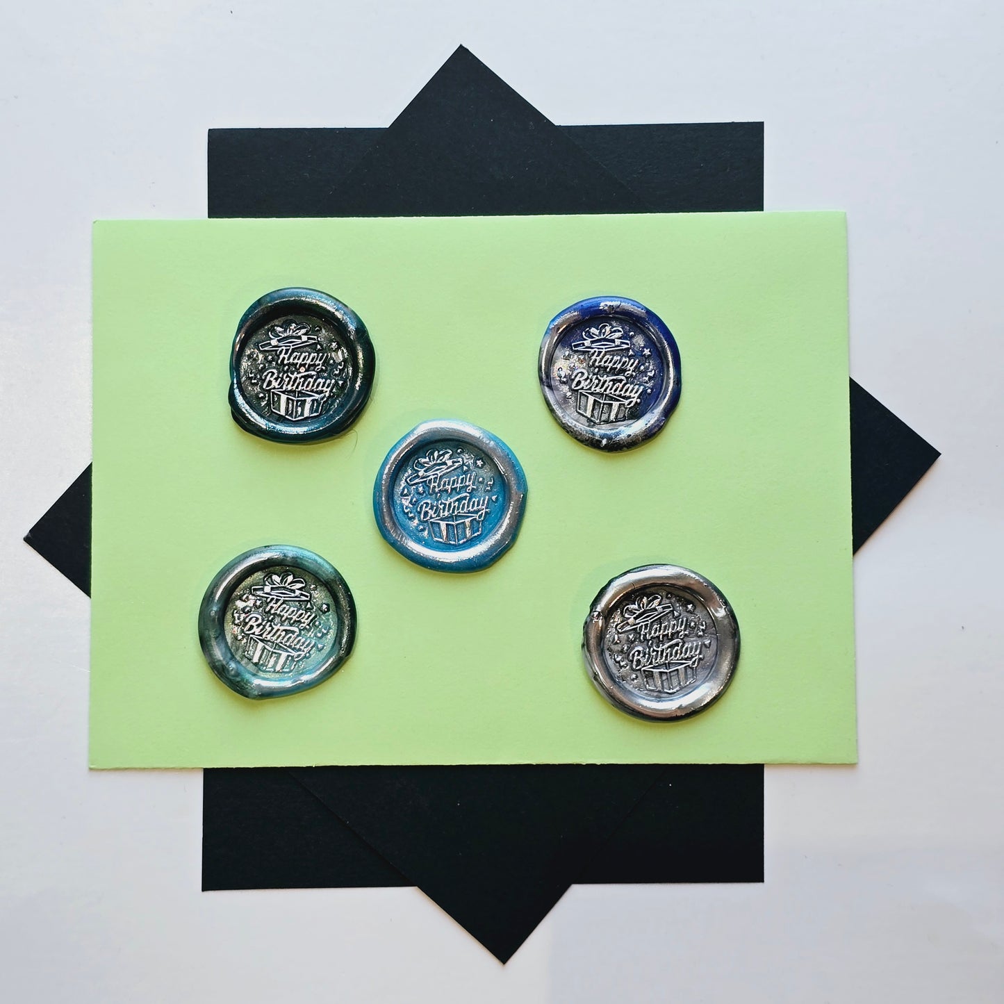 Happy Birthday Wax Seals Blue Green & Silver Set of Five