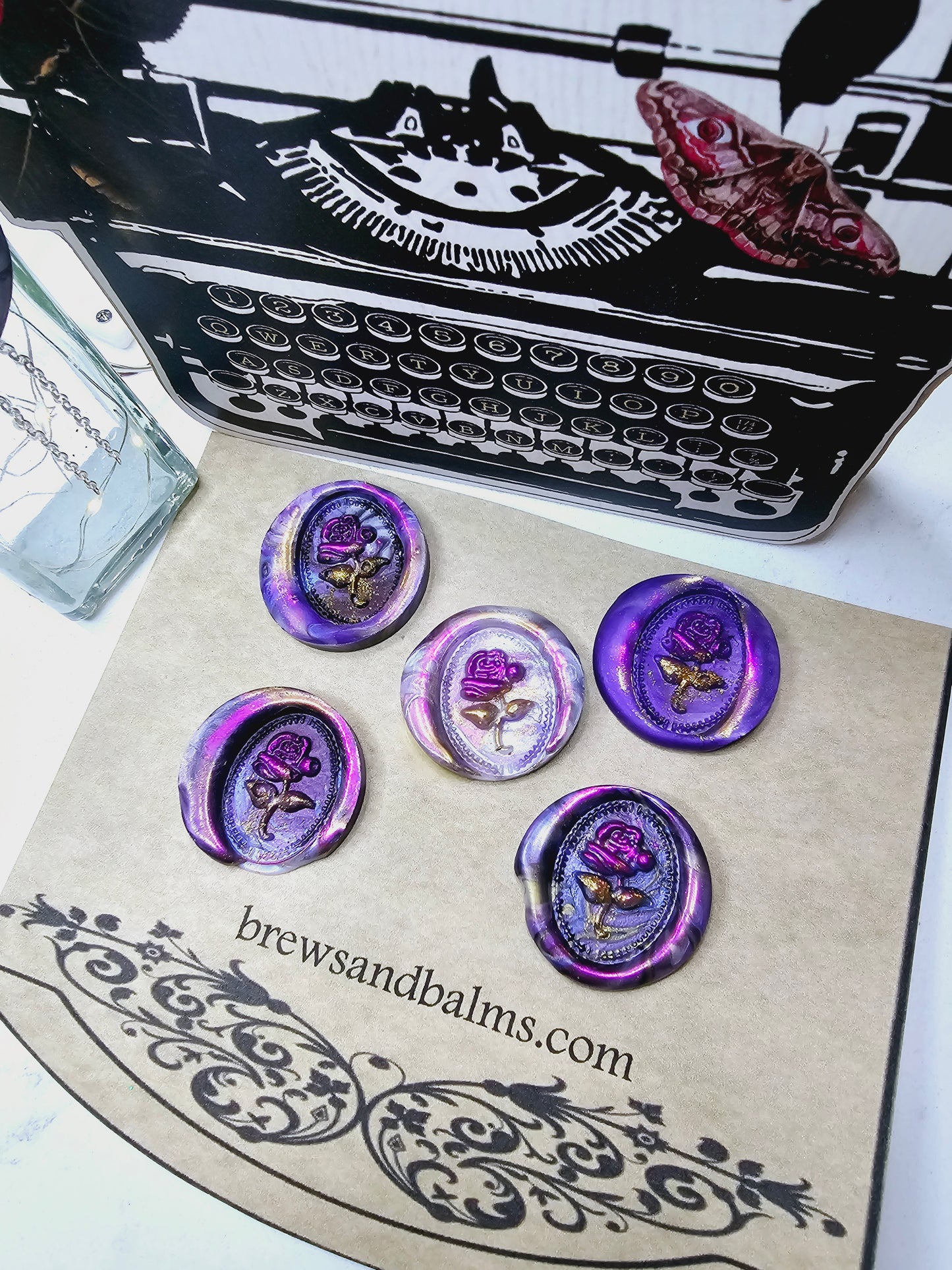 Rose Wax Seal Goth Vintage Metallic Marble Purple, White & Gold Set of Five