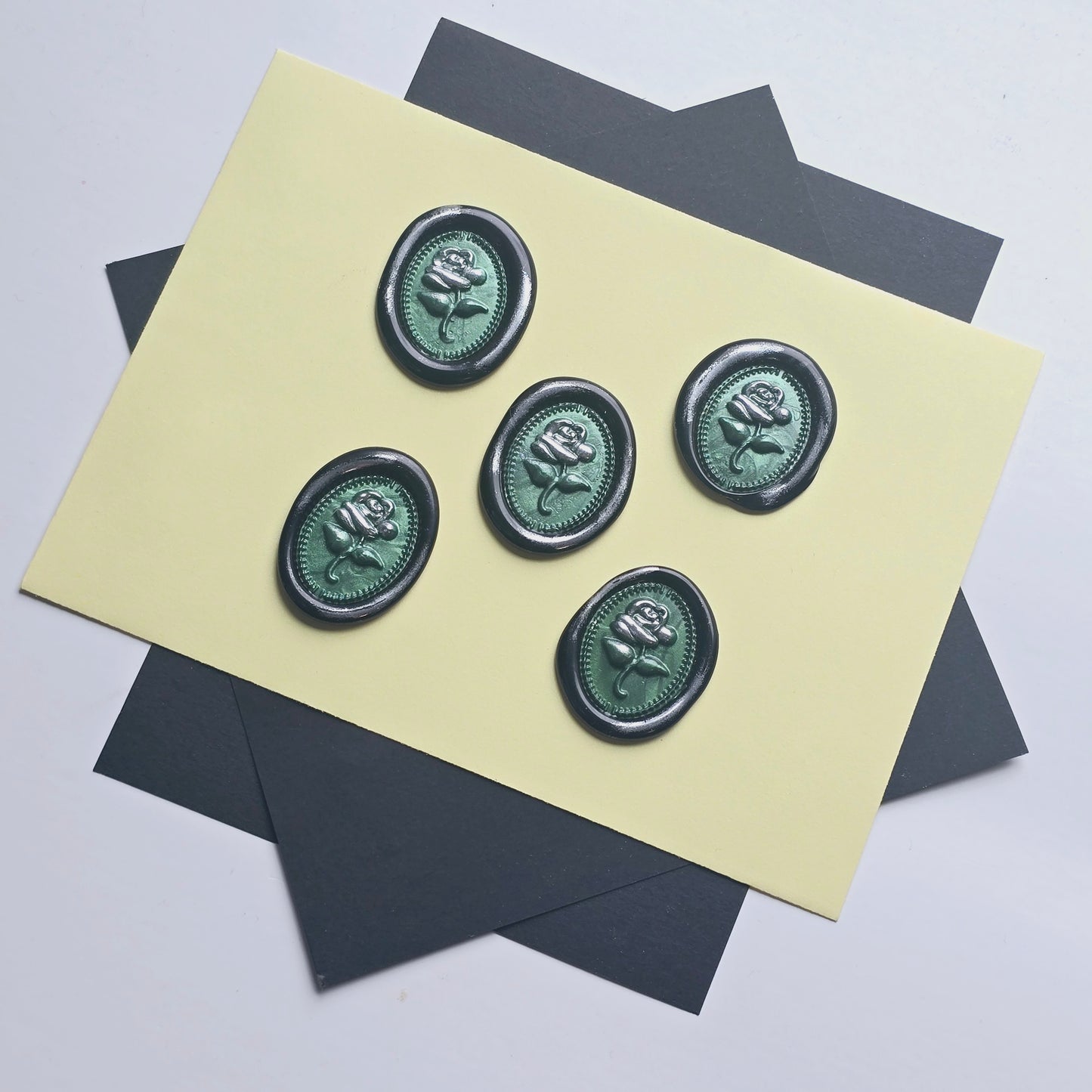 Rose Wax Seals Green, Silver & Black Set of Five