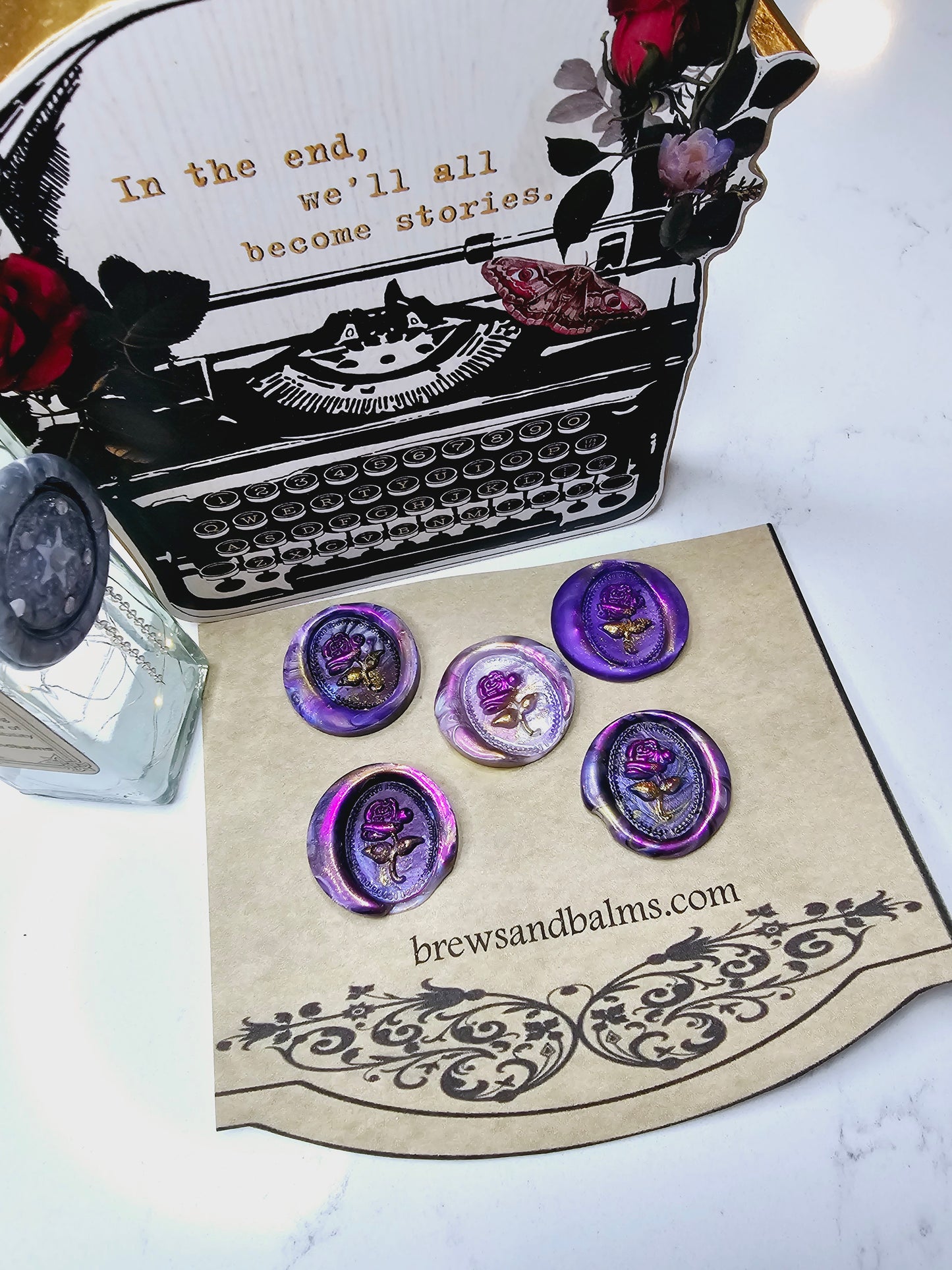 Rose Wax Seal Goth Vintage Metallic Marble Purple, White & Gold Set of Five