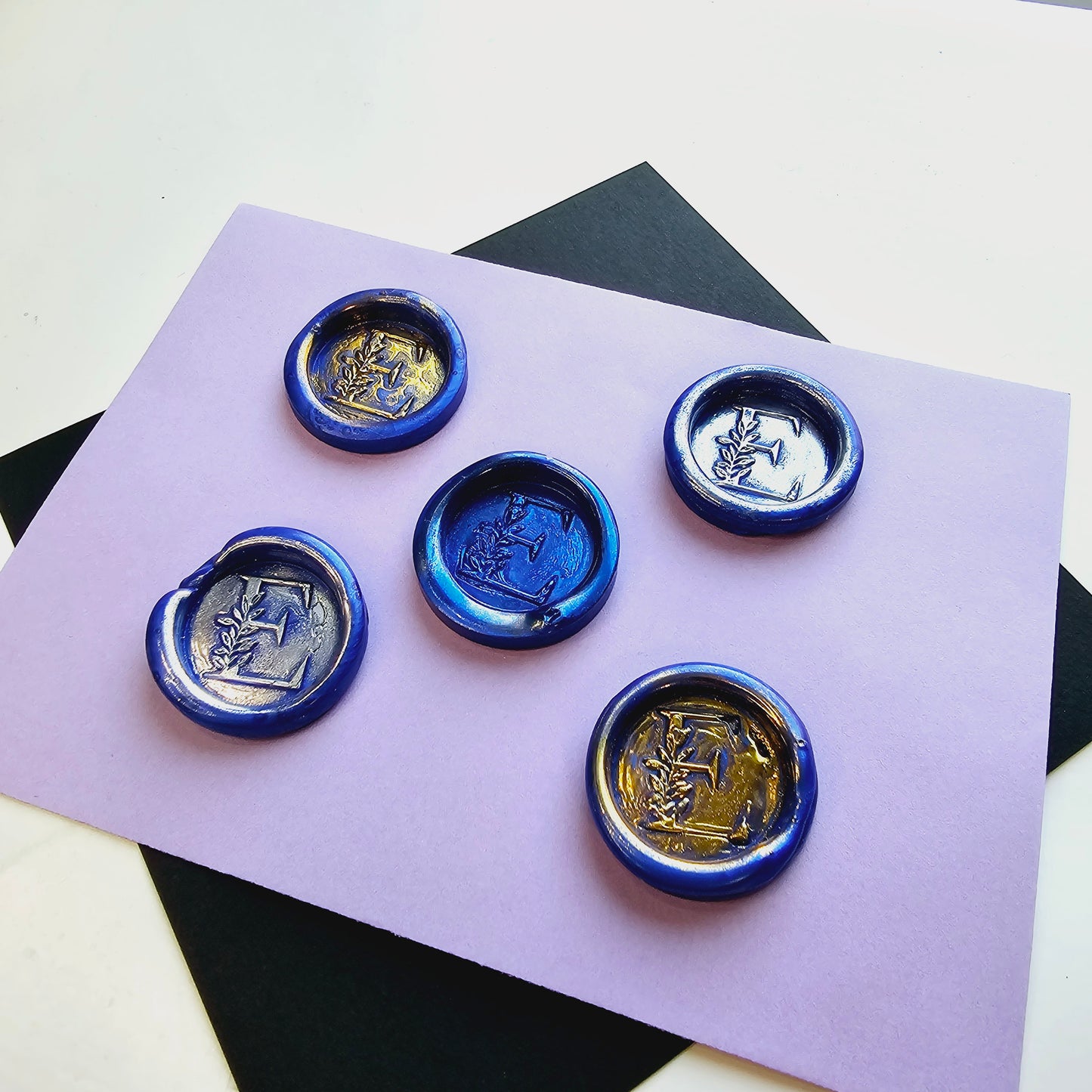 Letter E Wax Seals Metallic Blue Silver Gold Set of Five