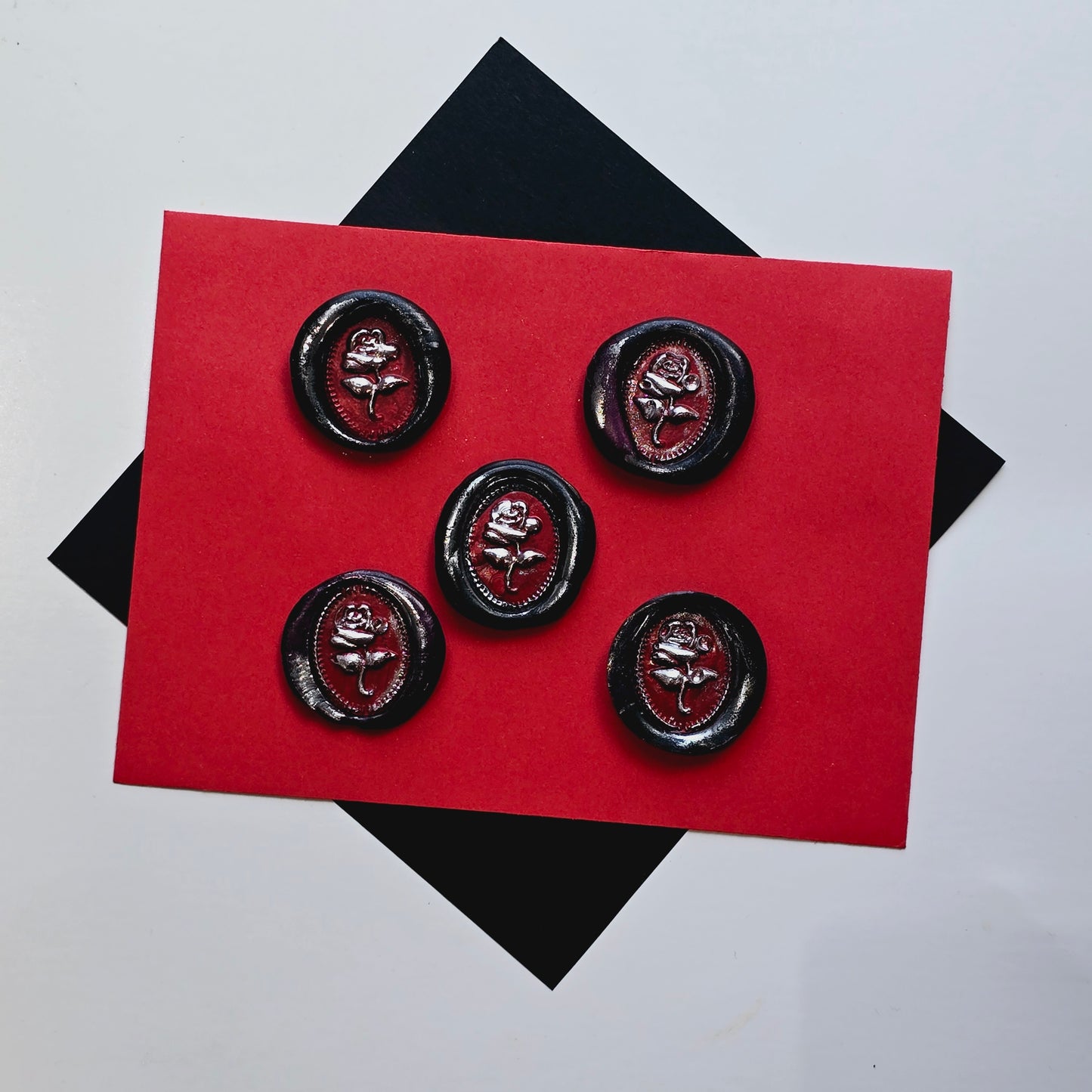 Rose Wax Seals, Black, Red & Silver Metallic Set of Five