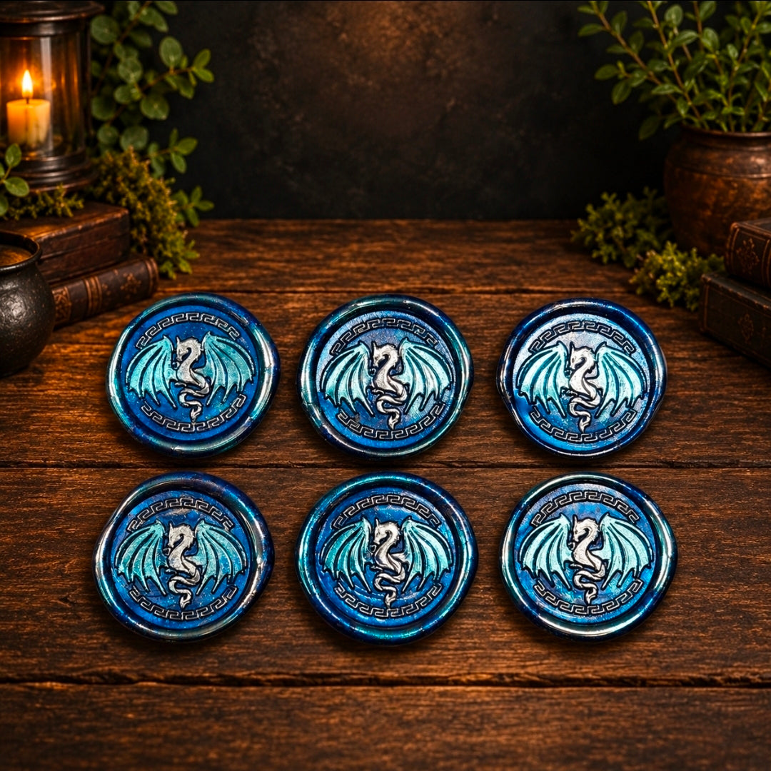 Handmade Dragon Wings Spread Wax Seals Blue & Silver Set of SIX, with Adhesive Wax Seals for Cards, Invitations and Gifts