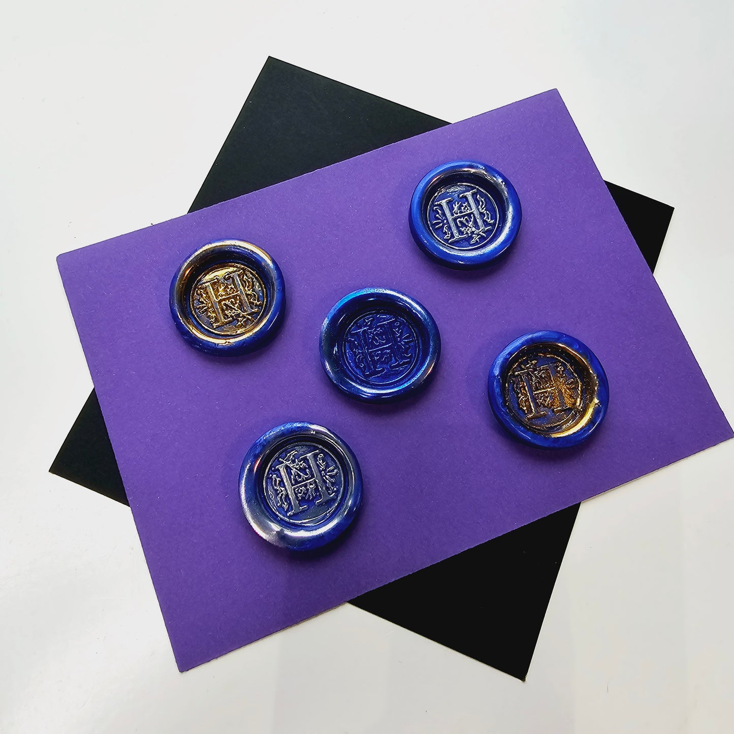 Letter H Wax Seals Metallic Blue Silver Gold Set of Five