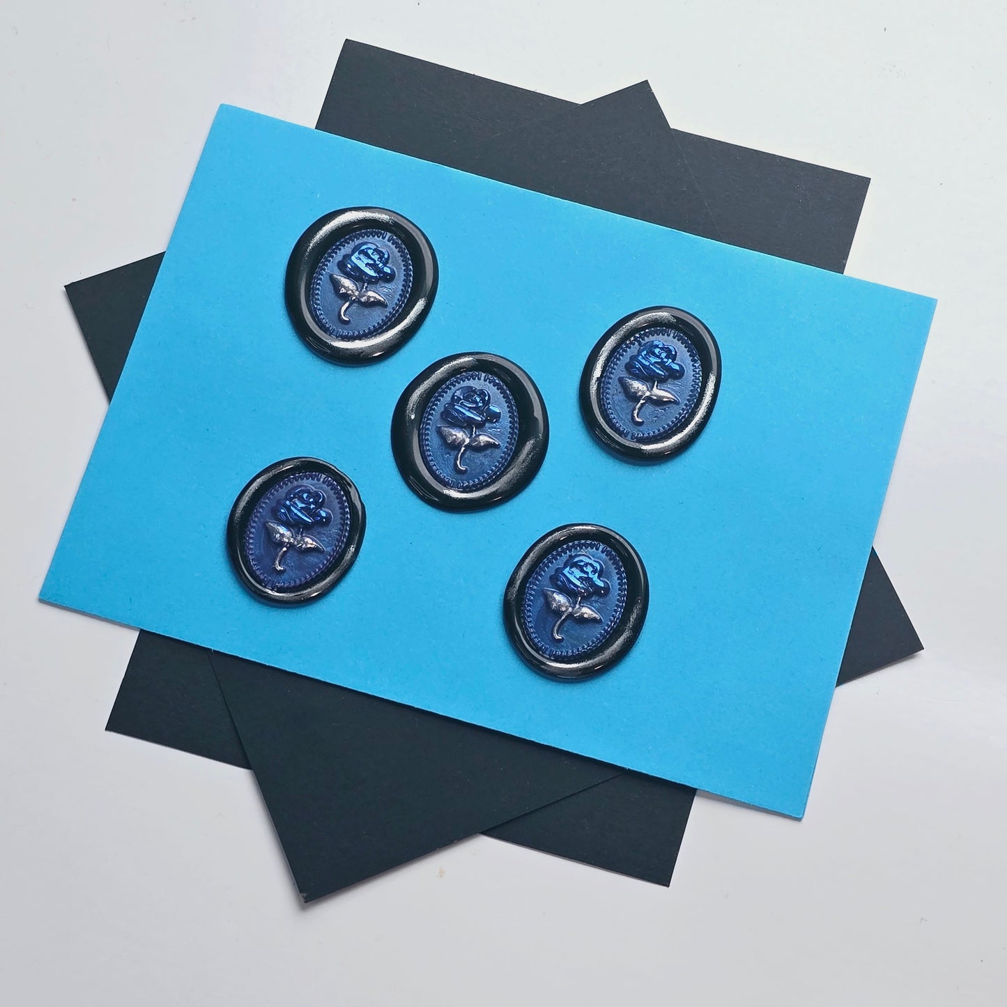 Rose Wax Seals Blue, Silver & Black Set of Five