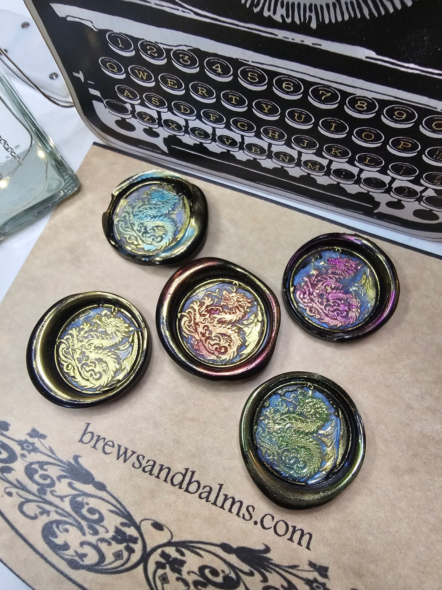 Lucky Dragon Wax Seals Metallic Marbled Black Multi Color Set of Five