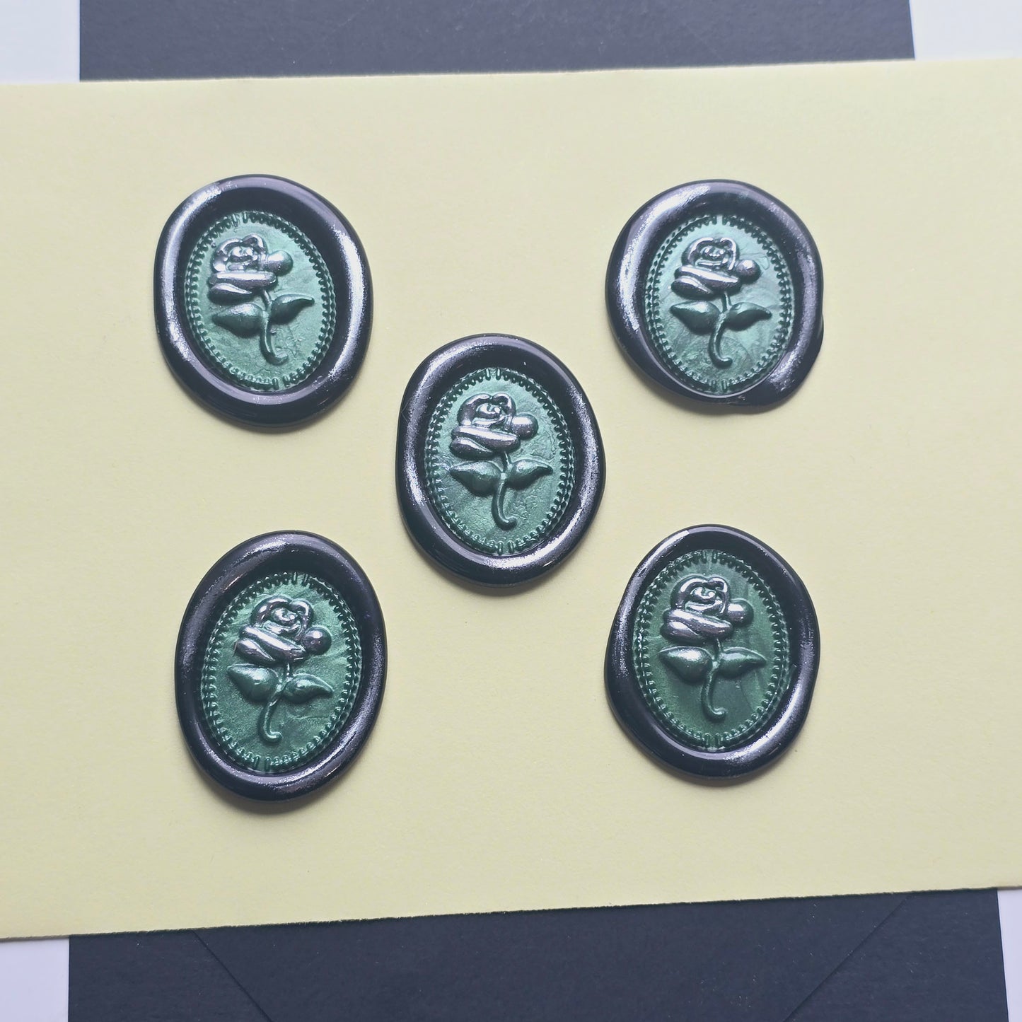 Rose Wax Seals Green, Silver & Black Set of Five