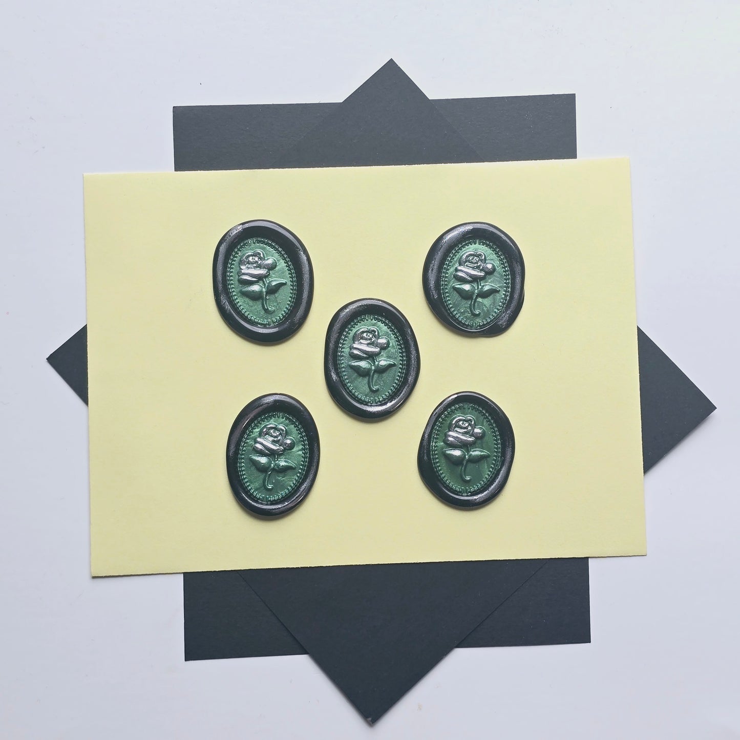 Rose Wax Seals Green, Silver & Black Set of Five