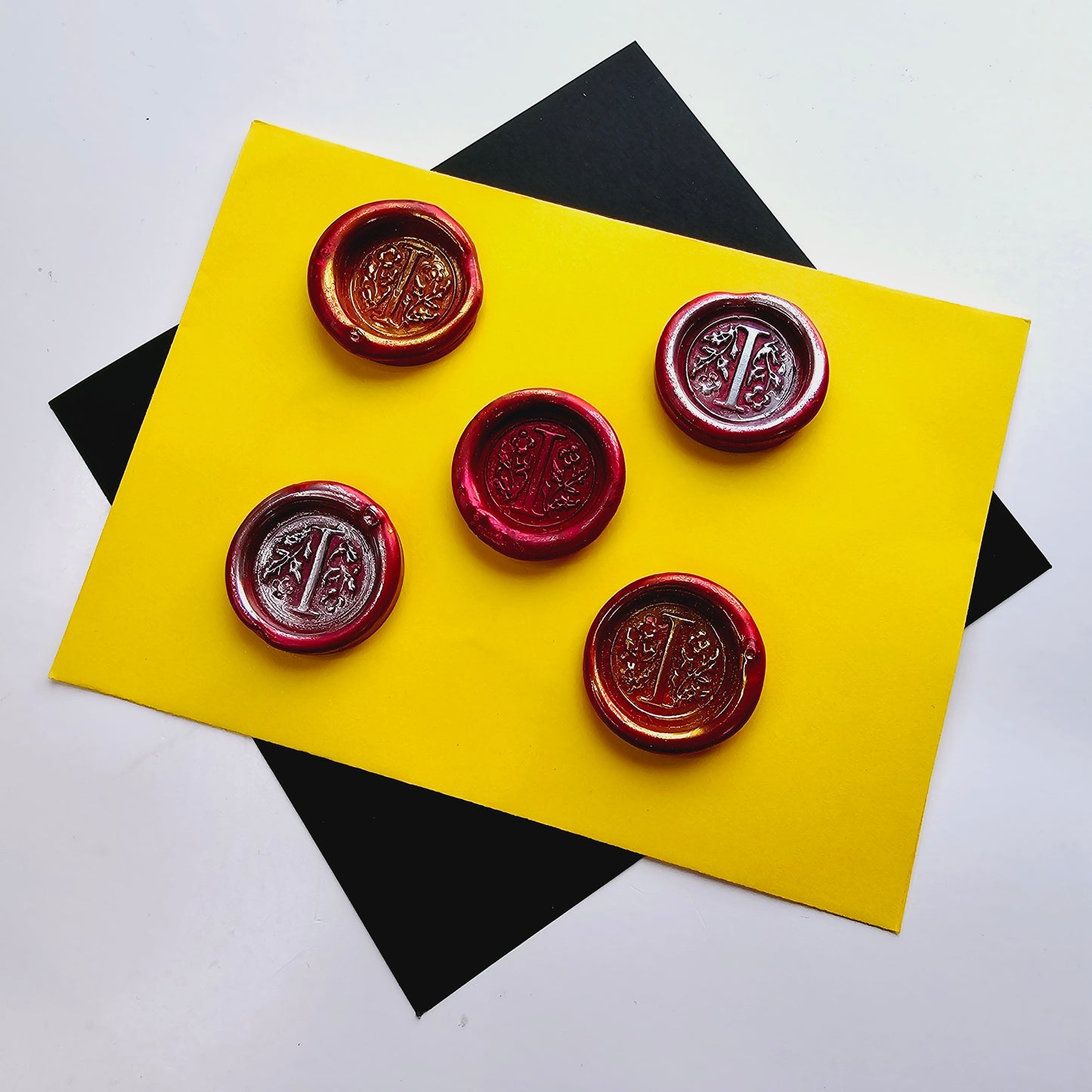 Letter I Wax Seals Metallic Deep Ruby Red Silver Gold Set of Five