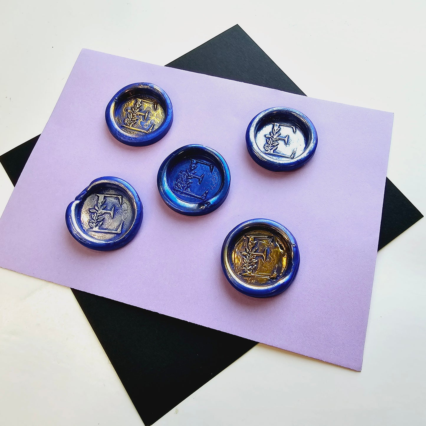 Letter E Wax Seals Metallic Blue Silver Gold Set of Five