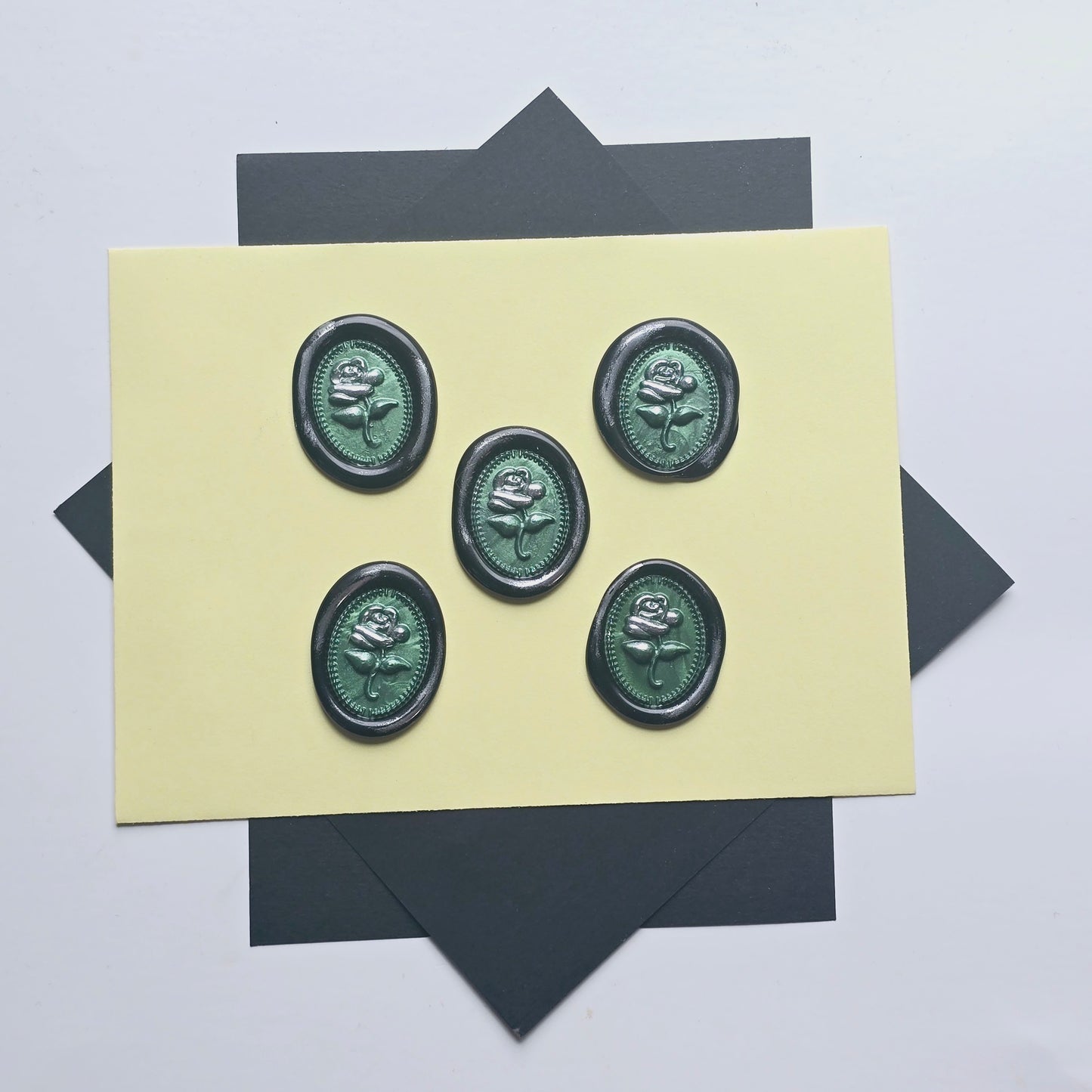 Rose Wax Seals Green, Silver & Black Set of Five