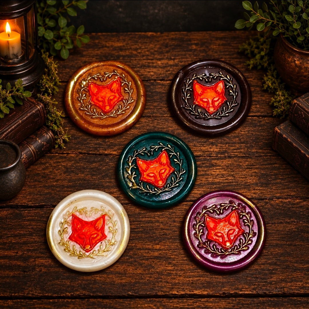 Handmade Fox Wax Seals, Assorted Colors, Set of Five, for cards, invitations, letters and gifts!