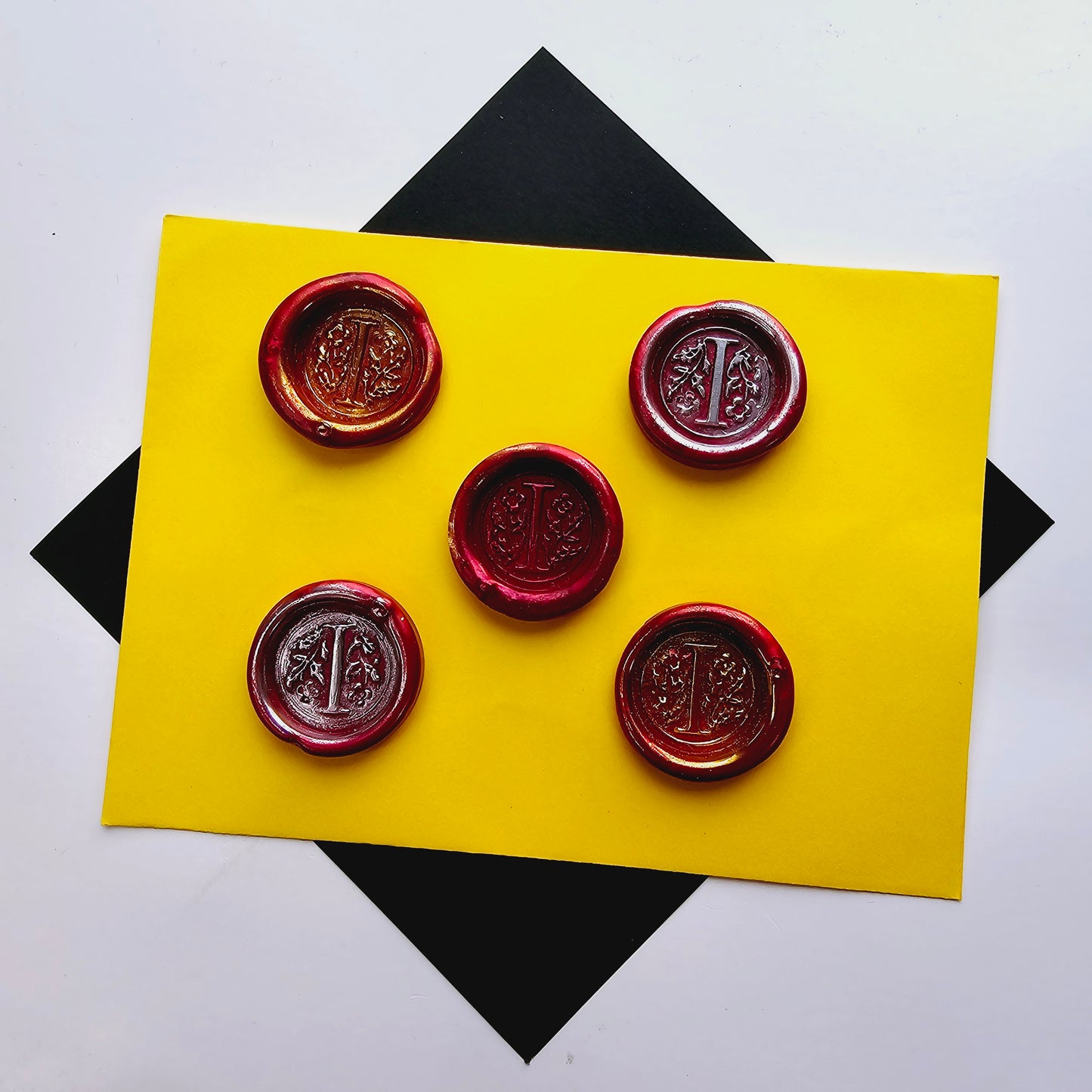 Letter I Wax Seals Metallic Deep Ruby Red Silver Gold Set of Five