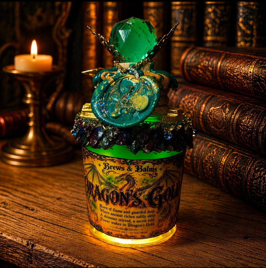 Dragon’s Gold Color Changing Potion – Fantasy Dragon Decor Elixir With Base Light