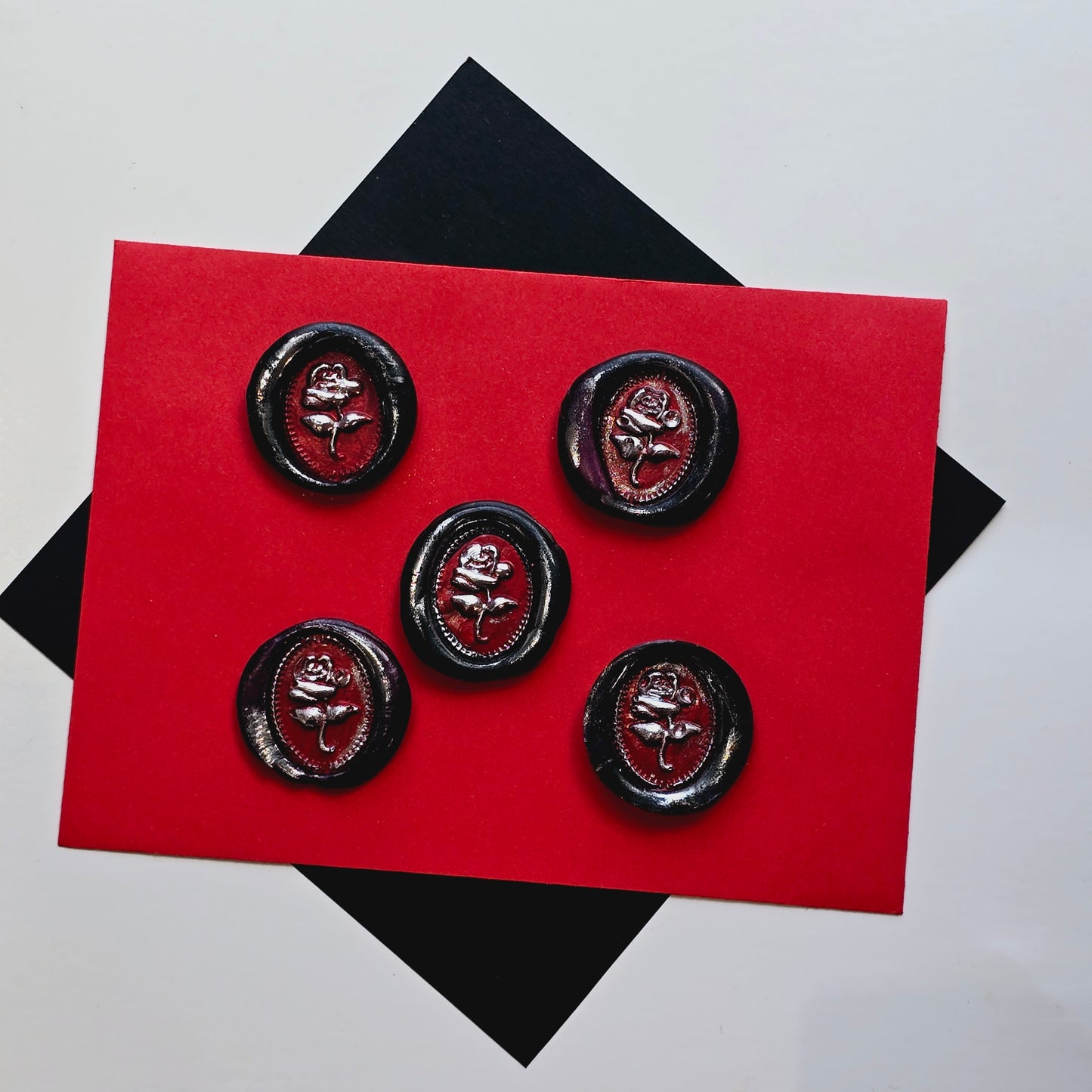 Rose Wax Seals, Black, Red & Silver Metallic Set of Five