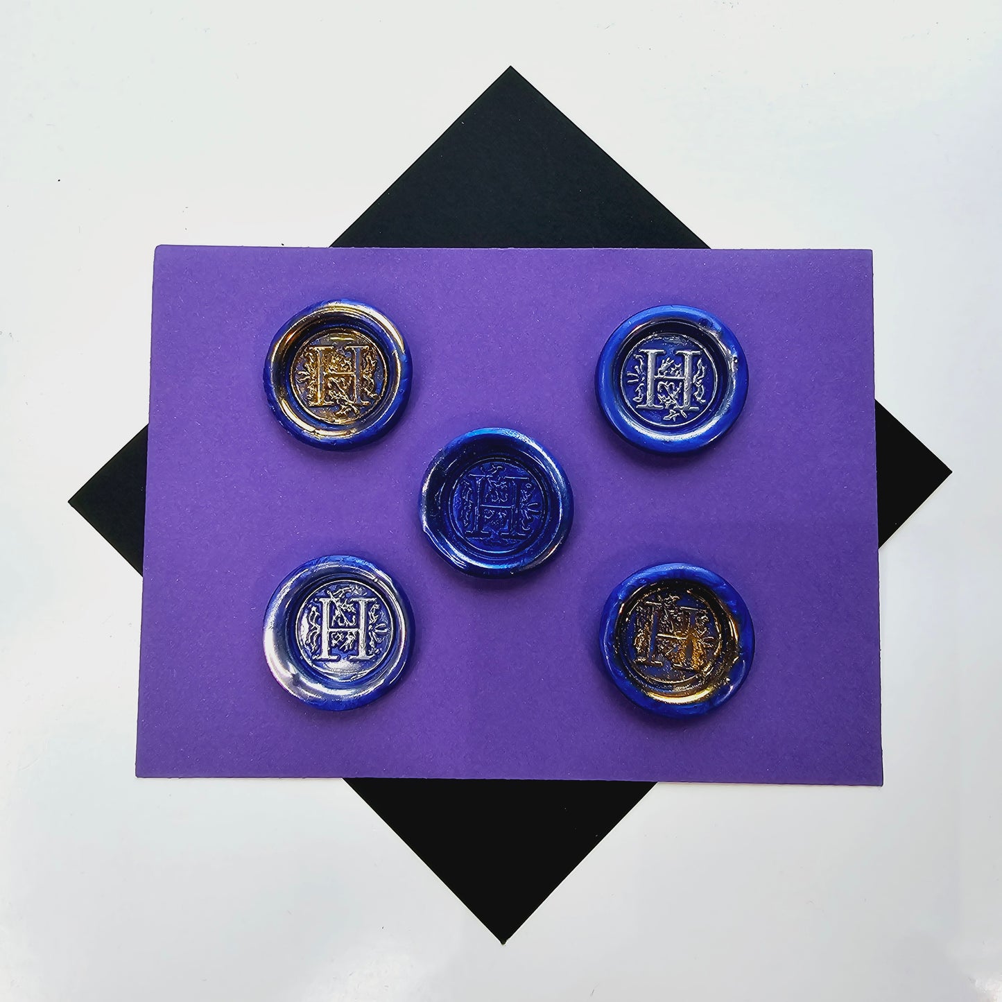 Letter H Wax Seals Metallic Blue Silver Gold Set of Five