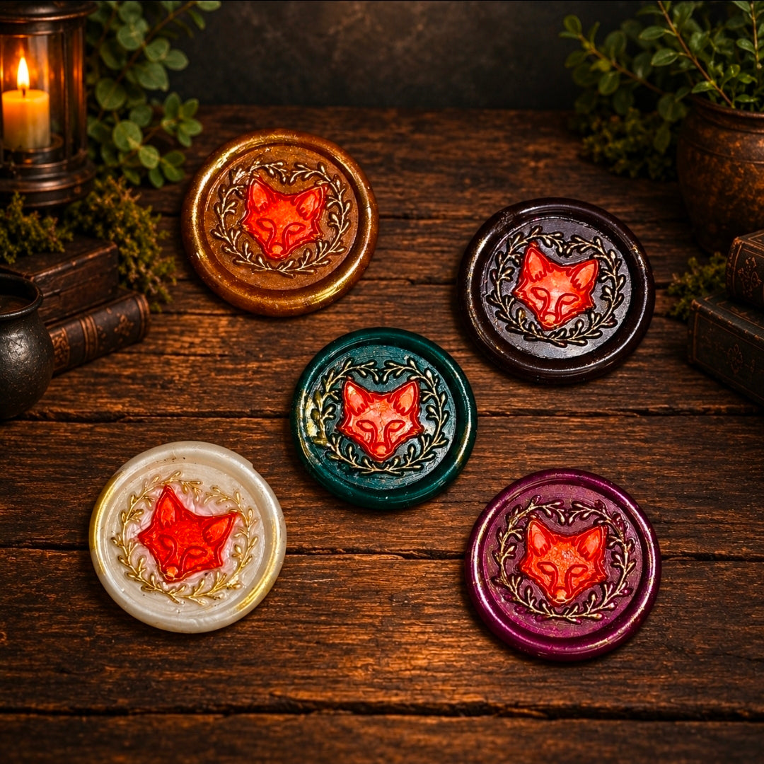 Handmade Fox Wax Seals, Assorted Colors, Set of Five, for cards, invitations, letters and gifts!