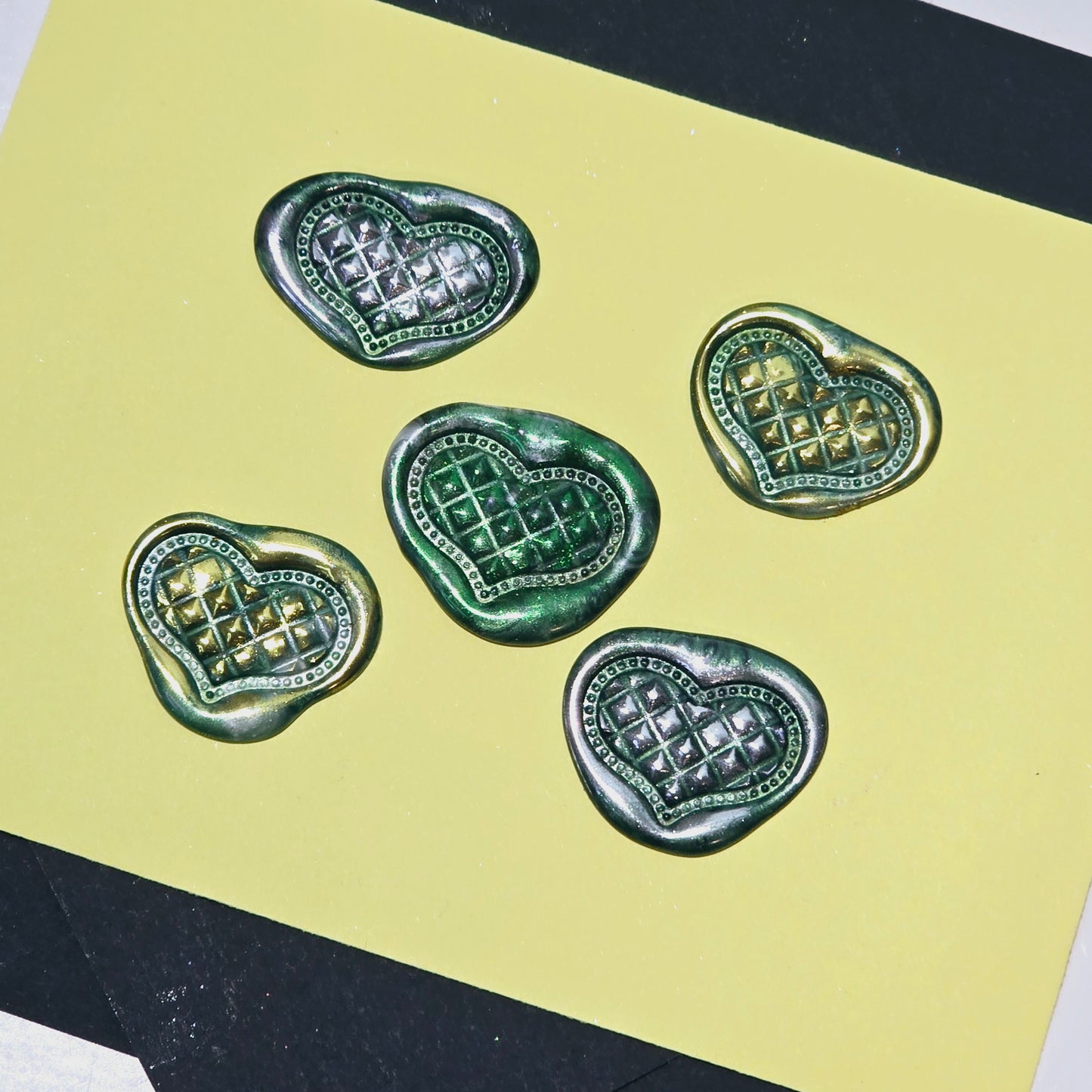 Heart Wax Seals Green Silver & Gold Set of Five